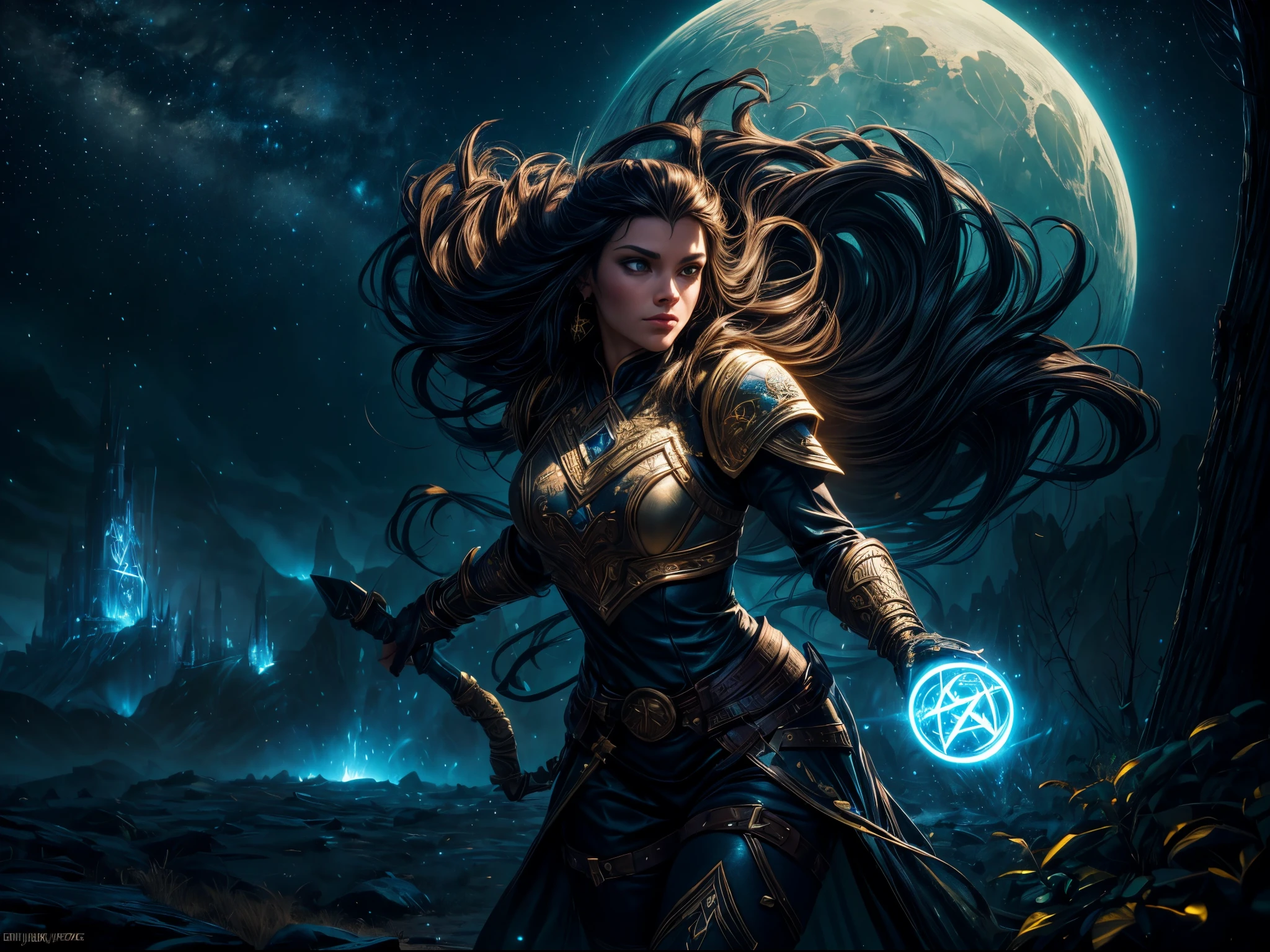 high details, best quality, 16k, [ultra detailed], masterpiece, best quality, (extremely detailed), dynamic angle, ultra wide shot, photorealistic, ((fantasy art)) ((larry elmore style)), dnd art, rpg art, realistic art, female human druid of the stars, guardian of nature, controlling magical energy made of stars, swirling blue stary magical light, divine symbols GlowingRunes_yellow (1.5 intricate details, Masterpiece, best quality), human female,  extremally beautiful, ultra feminine, dynamic hair, dynamic hair color, wearing leather armor, holding a staff, moon light, stars, dynamic natural background,  RPG art, magical atmosphere magic-fantasy-forest, ultra best realistic, best details, best quality, 16k, [ultra detailed], masterpiece, best quality, (extremely detailed), ultra wide shot, photorealism, depth of field, hyper realistic painting, 3D rendering