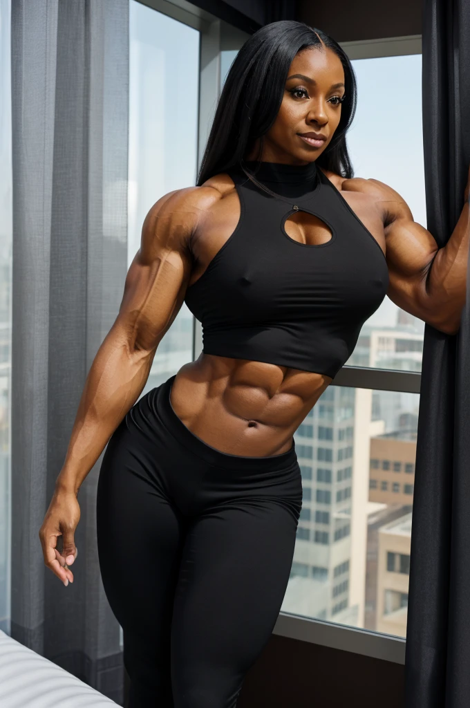 40 year old black woman, bodybuilder, lycra pants and crop top, standing next to curtain window in hotel room