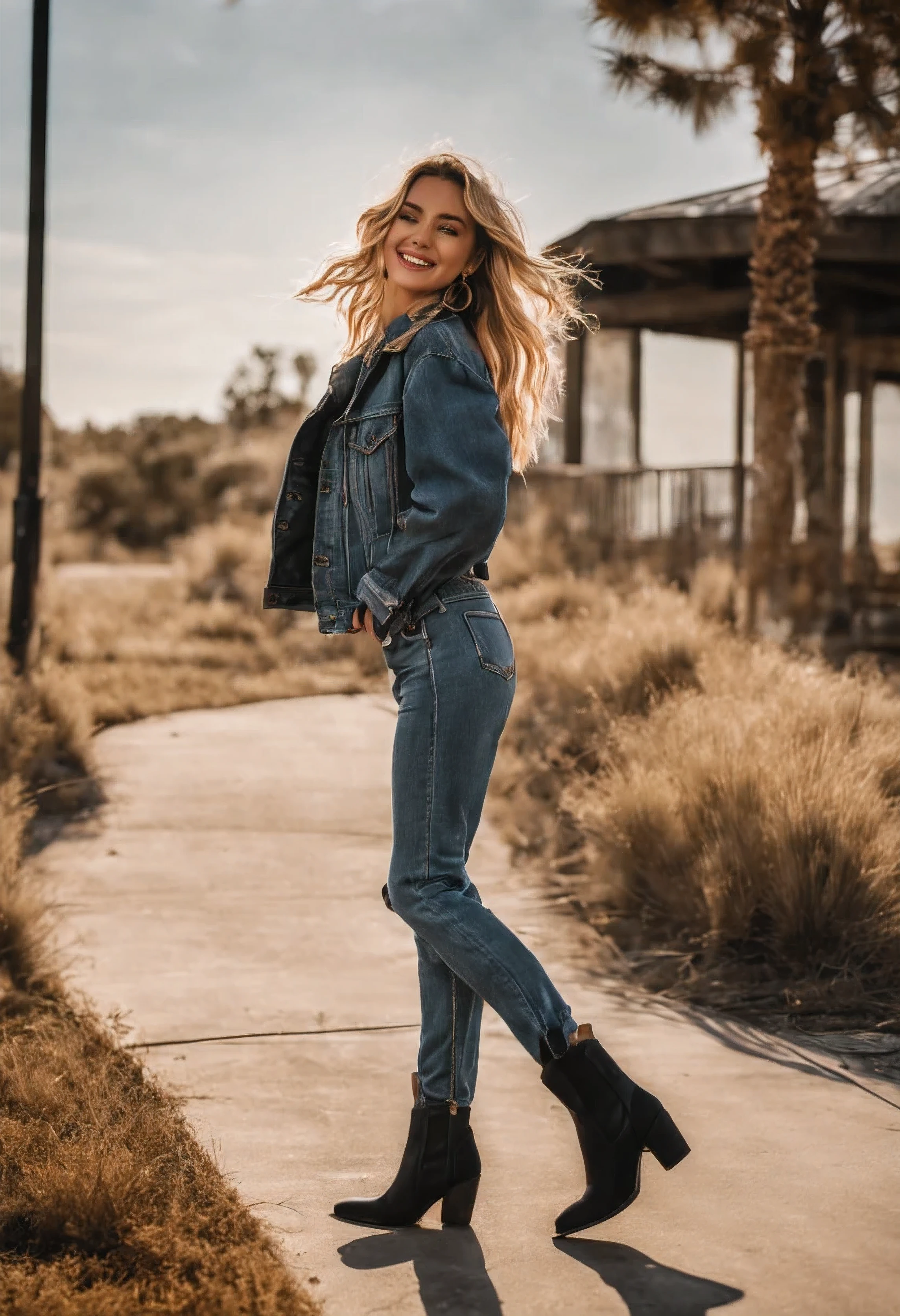 ((full body)) fashionable look, beautiful model full body with Hailey Bieber face with her mouth open biting her lip flirtingly while looking at the camera in designer jeans, designer western boots, jacket, bold direct look smiling happy, an easy casual hairstyle, gorgeous skin, beautiful western sunset, bright dark colors, elaborate white style, trends on youtube, sharp focus, studio photo, intricate details, high detail, by Chris Maley