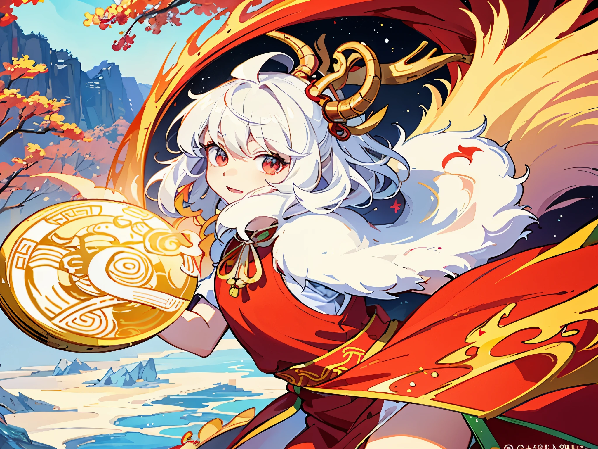 A person wearing red clothes，Wearing a dragon head embroidered hat，cover your head，Can&#39;t see face，only eyes，Next to it  a Chinese five-clawed dragon in the background，Generate cute Q-version avatars with festive elements of the Year of the Dragon