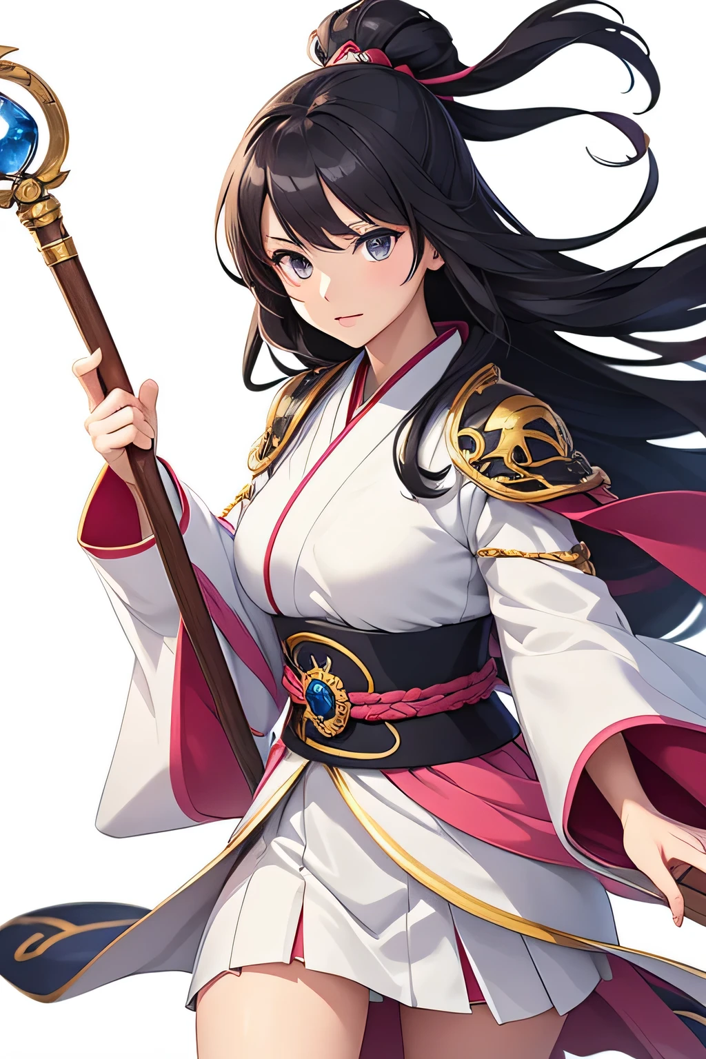 visual novel character female content expression anime style waist-up white background rpg character fantasy single character japanese style anime holding extremely long magic staff