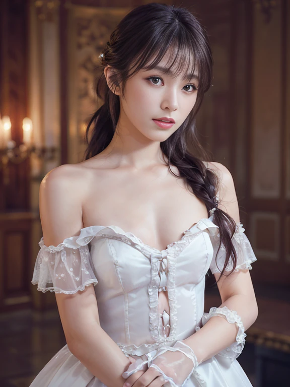 best quality, masterpiece, (photorealistic:1.4), 1girl, cowboy shot, luxury elegant bare shoulder deep v wedding dress, dramatic lighting, hair over shoulders, white gloves, v arms, luxury hall background, night, japanese face, braid hair,small breast