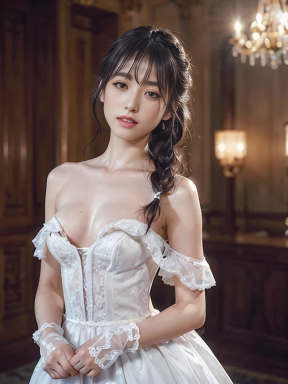 best quality, masterpiece, (photorealistic:1.4), 1girl, cowboy shot, luxury elegant bare shoulder deep v wedding dress, dramatic lighting, hair over shoulders, white gloves, v arms, luxury hall background, night, japanese face, braid hair,small breast