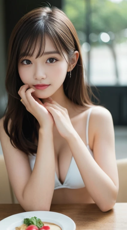 table top, highest quality, figure, super detailed, small details, High resolution, 8k wallpaper, 完璧なダイナミックな構figure, detailed and beautiful eyes, summer of ladies,medium hair,natural color lips,smile,Harajuku、20 year old girl、Cook in a sexy shot of the lens、depth of subject、film grain、Ilford HP5、Clean clothing、bikini swimwear,