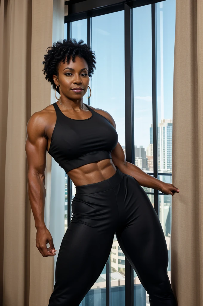 40 year old black woman, bodybuilder, lycra pants and crop top, standing next to curtain window in hotel room