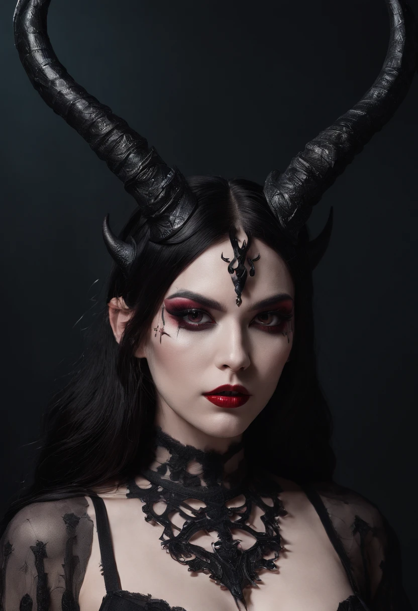 breathtaking demon woman with horns dressed in sexy lingerie posing for a photo in a dark minimal studio, darksynth aesthetic, minimal background, goth makeup, bizarre fashion photography, ultra detailed, masterpiece.