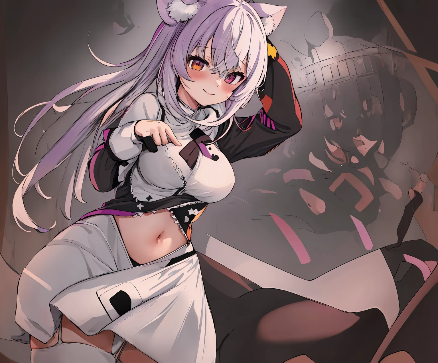 2 girls, by 2 person, (white background:1.4),  background, Are standing, cowboy shot, Porridge Default, black hoodie, (Onigiri print), [belly button], white pants, cat tail, Ahoge, :\3 ,2D, masterpiece, highest quality, anime, very detailed, whole body, Marine_nun, Habit, blue clothes, underboob, chest curtain, pelvic curtain, garter belt, white stockings
, heterochromia iris, red eyes, yellow eyes, Tearing down the church, Are standing, enchanting smile, hold one&#39;s hands ,lily,kiss,Drooping tears