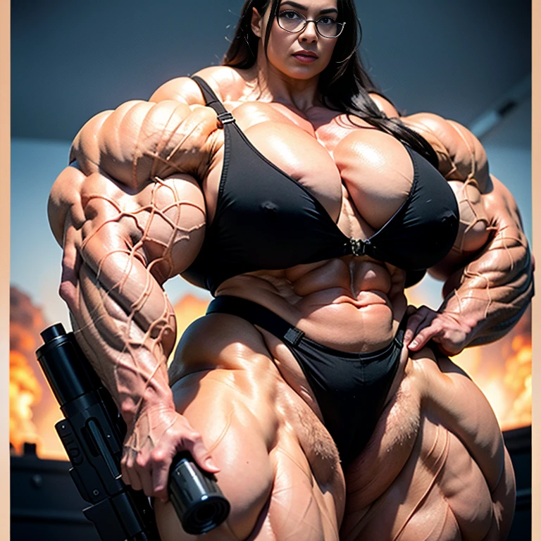 A military, action movie poster of a beautiful, huge, enormous, buff, giant, single Female bodybuilder, muscle goddess, huge arms and huge legs, giant boobs, enormous muscles, big beautiful eyes, with long dark hair, wearing reading glasses, holding an assault rifle, machine gun, photorealistic