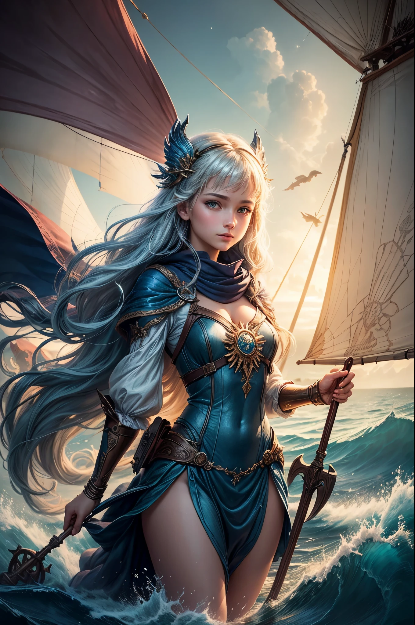 "Capture the essence of a fantasy book cover with a painted scene featuring a girl sailing through the skies on a majestic seafaring vessel. The sea below glows with magical energies, and the girl, surrounded by mythical creatures, exudes a sense of wonder and discovery."