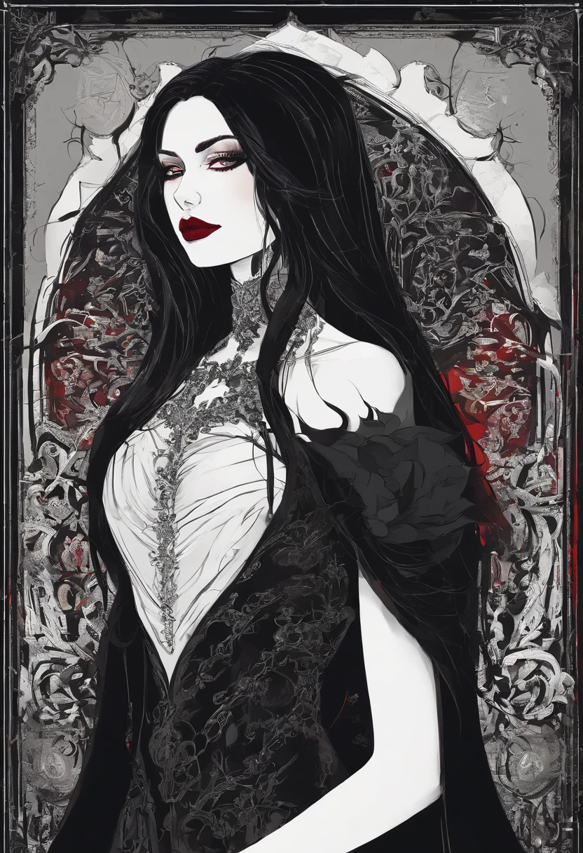 white woman with long black hair, septum piercing, red lipstick, glasses, black dress, black boots, with a man in a black blouse