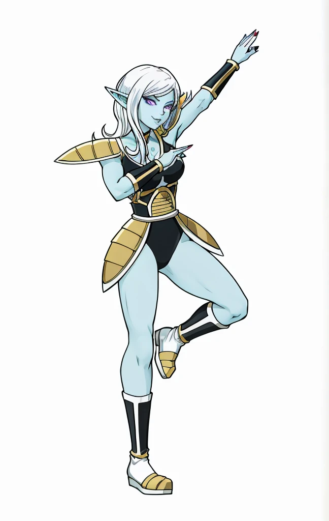 Towa in a black and gold outfit, badass pose, fight pose, most strongest pose, sfw version, fighting pose, wearing golden shoulder pad armor, saiyan girl, long fingernails, pointy ears, colored skin, blue skin, breasts, cleavage, fingernails, nail polish, lipstick, long hair, white hair, medium breasts, make-up, grin, purple eyes, black panties, black and white shoes, black and white bracelet, blue skin