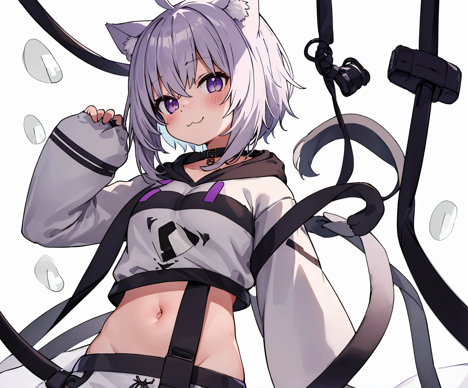 1 girl, alone, (white background:1.4),  background, Are standing, cowboy shot, Porridge Default, black hoodie, (Onigiri print), [belly button], white pants, cat tail, Ahoge, :\3 