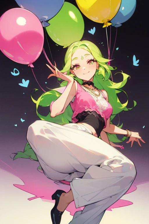 (Masterpiece: 1.5, Best quality, High resolution: 1.3, Super resolution, Super detailed, Ultra detailed: 1.3, Rich background: 1.2, 1 girl)) pale skin + long lime green hair + braided hair + pink eyes + eyelashes long + two hearts on cheeks + soft thighs + medium chest + long legs (pink top, white hippie lace jacket, black wide pants, high shoes, pearl necklace, cute hippie style) ((animated smile, pose holding a balloon approaching to the viewer) (colors used: white, light blue, pink, black, yellow +lime green))