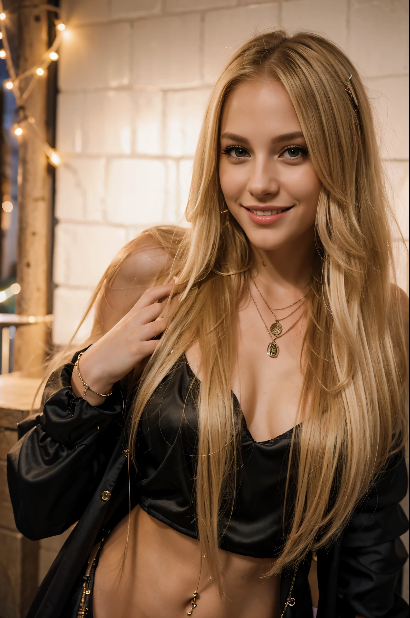 night shot of a woman with long blonde hair and a necklace, wearing party outfit, big lips, smiling outside in night club party, light blonde hair, hazel eyes, realistic photography
