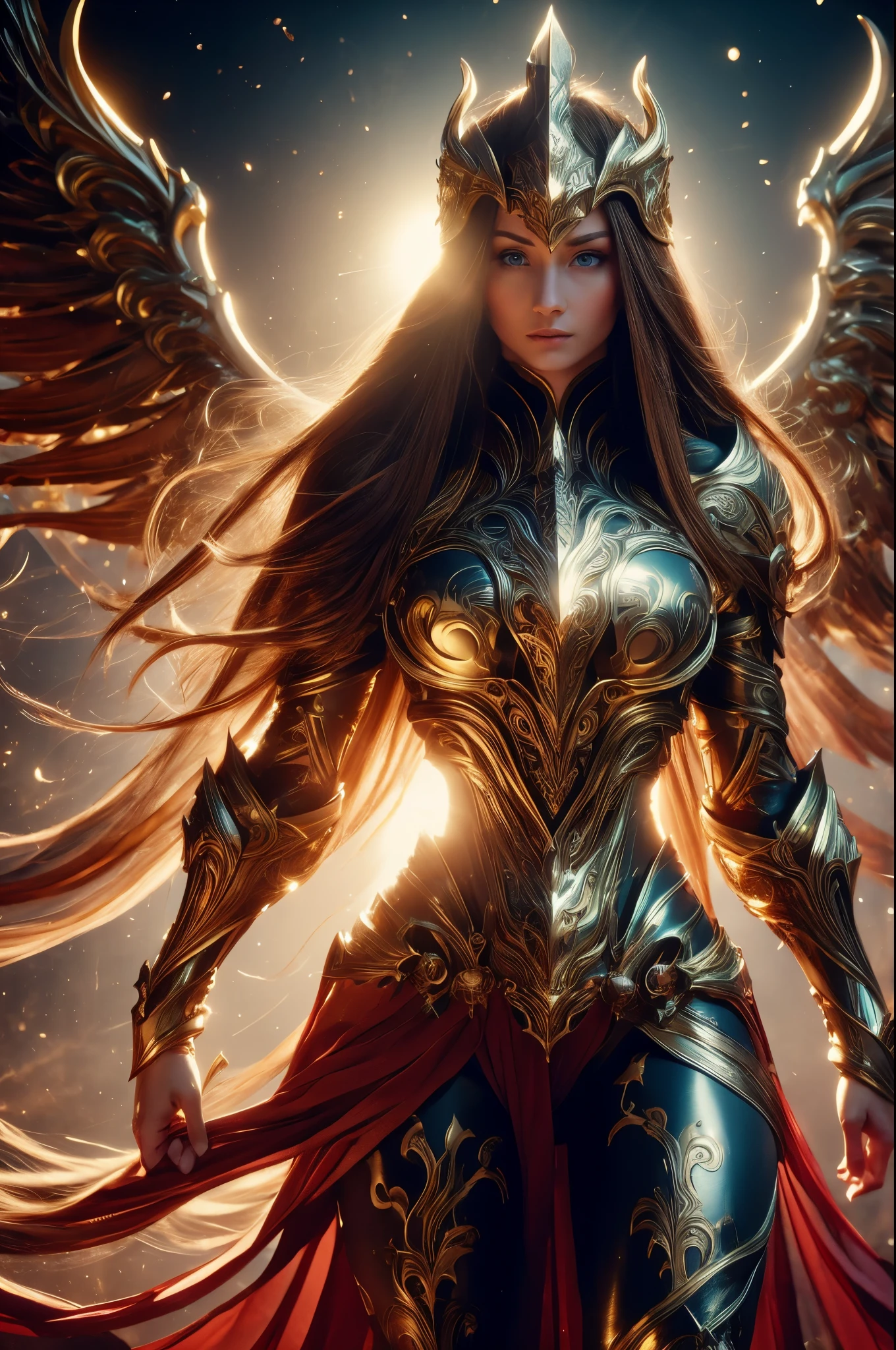 WINGED WOMAN, SAINT WOMAN, HUGE LONG HAIR, BROWN HAIR, HUGE BROWN FEATHERS, GOLD BODY ARMOUR, LONG BLUE BODYSUIT, PALE SKIN, BLUE EYES, LIGHTING EYES, ROSY CHEEKS, MENTAL FORAMEN, ATHLETIC BODY, LUMINOUS BODY AURA, MUSCLES, LIGHTING AURA, GOLD BRACELETS, GOLD GAUNTLETS, BACKLIGHTS, SUN, RIVER, SAINT WOMAN, SIDE BODY VIEW, ANGEL FROM HEAVEN