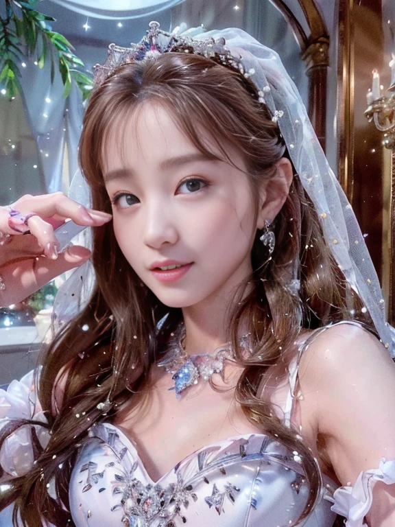 (best quality,8k,highres,masterpiece:1.2),(illustration),(ultra-detailed),(realistic:1.37),(beautiful detailed eyes),(solo),(full body),(1girl),(wearing a beautiful and detailed wedding dress),(sparkling accessories),(looking at the viewer),(extremely detailed),(detailed face),(pureerosfaceace_v1),(smiling),(wearing a diamond tiara)