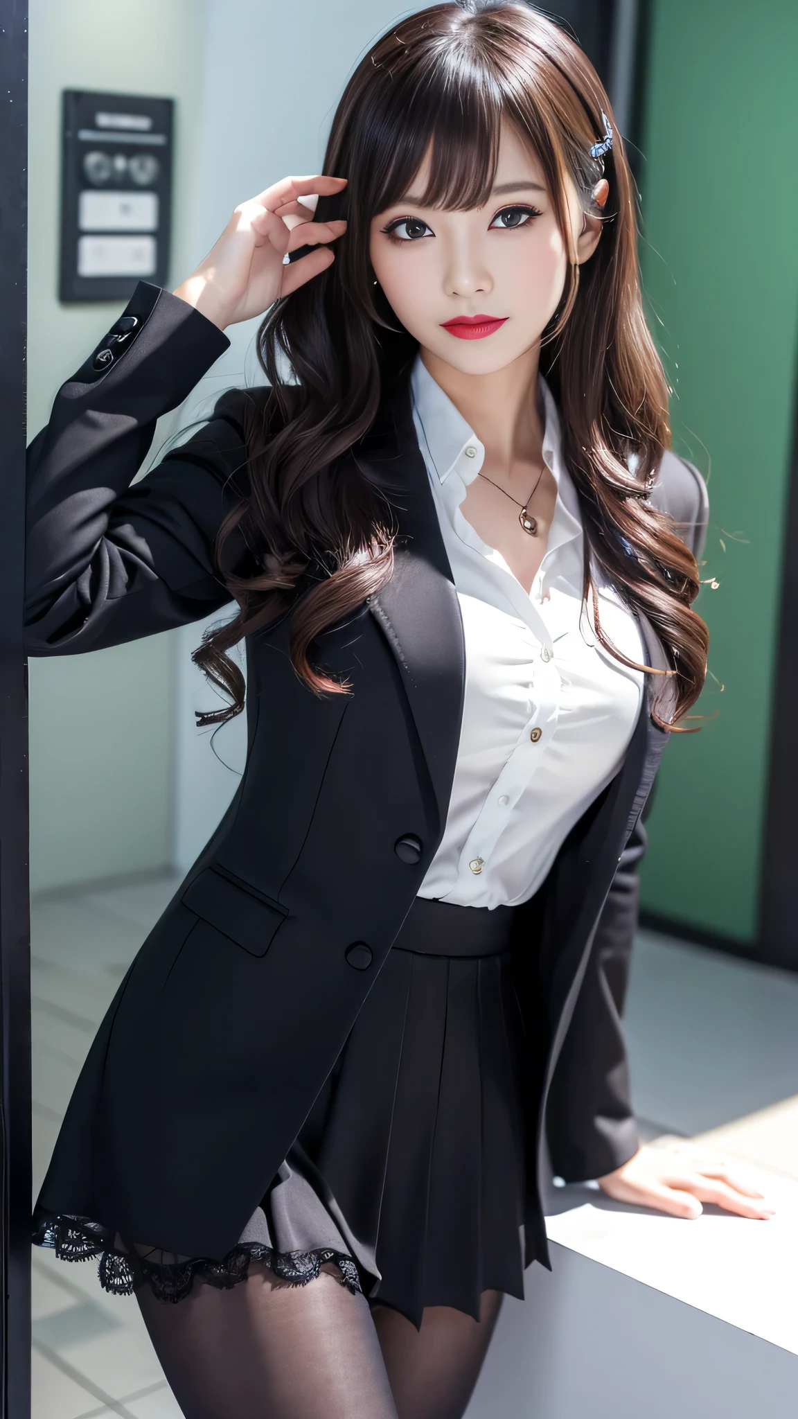 ltra-detailed、Japanese、attractive beauty、Dainty woman、piercing eyes、cool girl、wavy hair、suit、Jacket、blouse、Tight Skirt、black pantyhose、evil female executive、evil depravity、brainwash、lacy fabric、Glossy legs、lipstick、lip gloss、smirk、wickedな表情、Suspicious look、empty eyes、wickedな笑み、grin、wicked、in the darkroom、lure、pendant