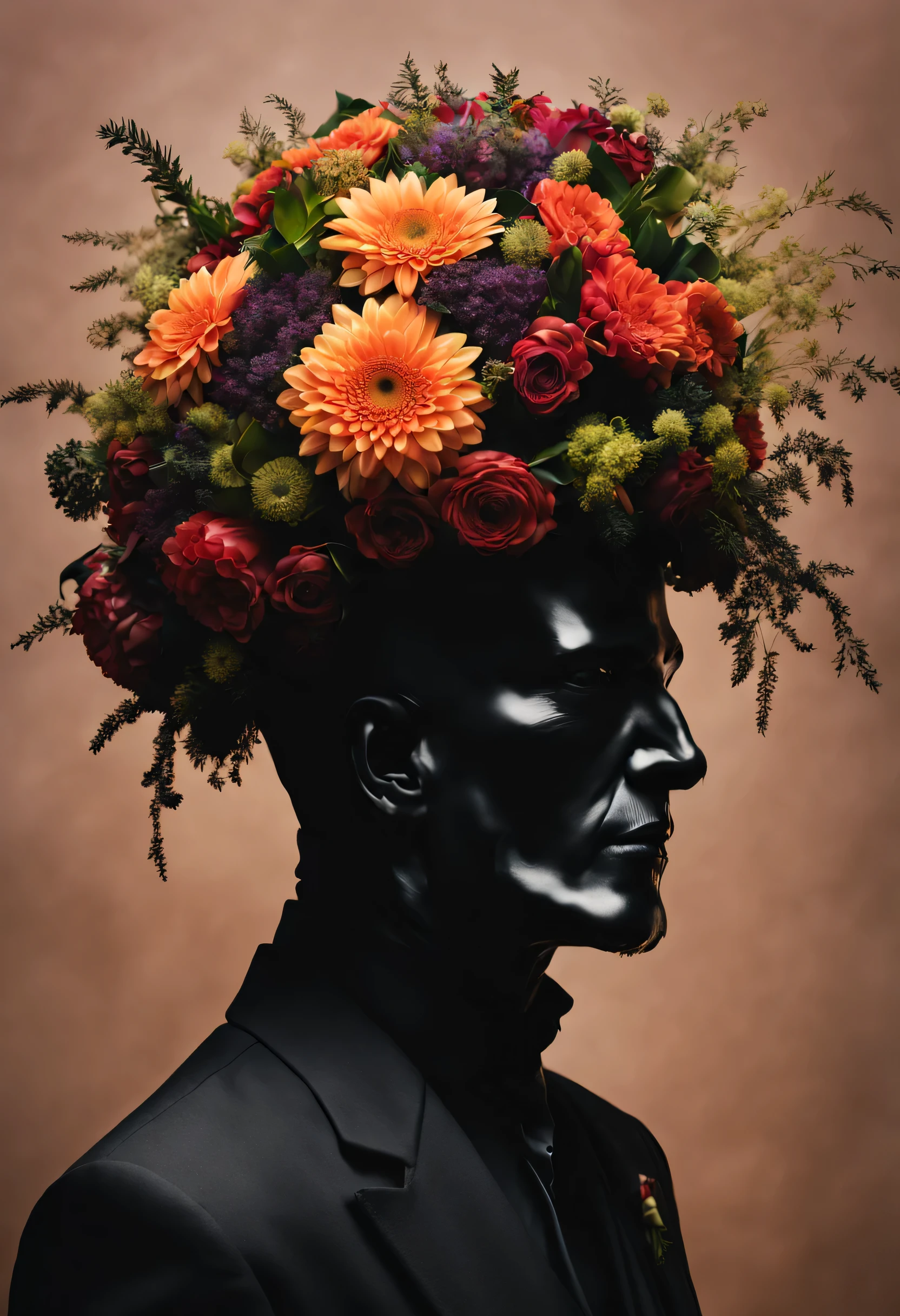 digital art, photograph, a man in black costume with his head made of a bouquet,32k UHD resolution, high quality, professional photography, closed up