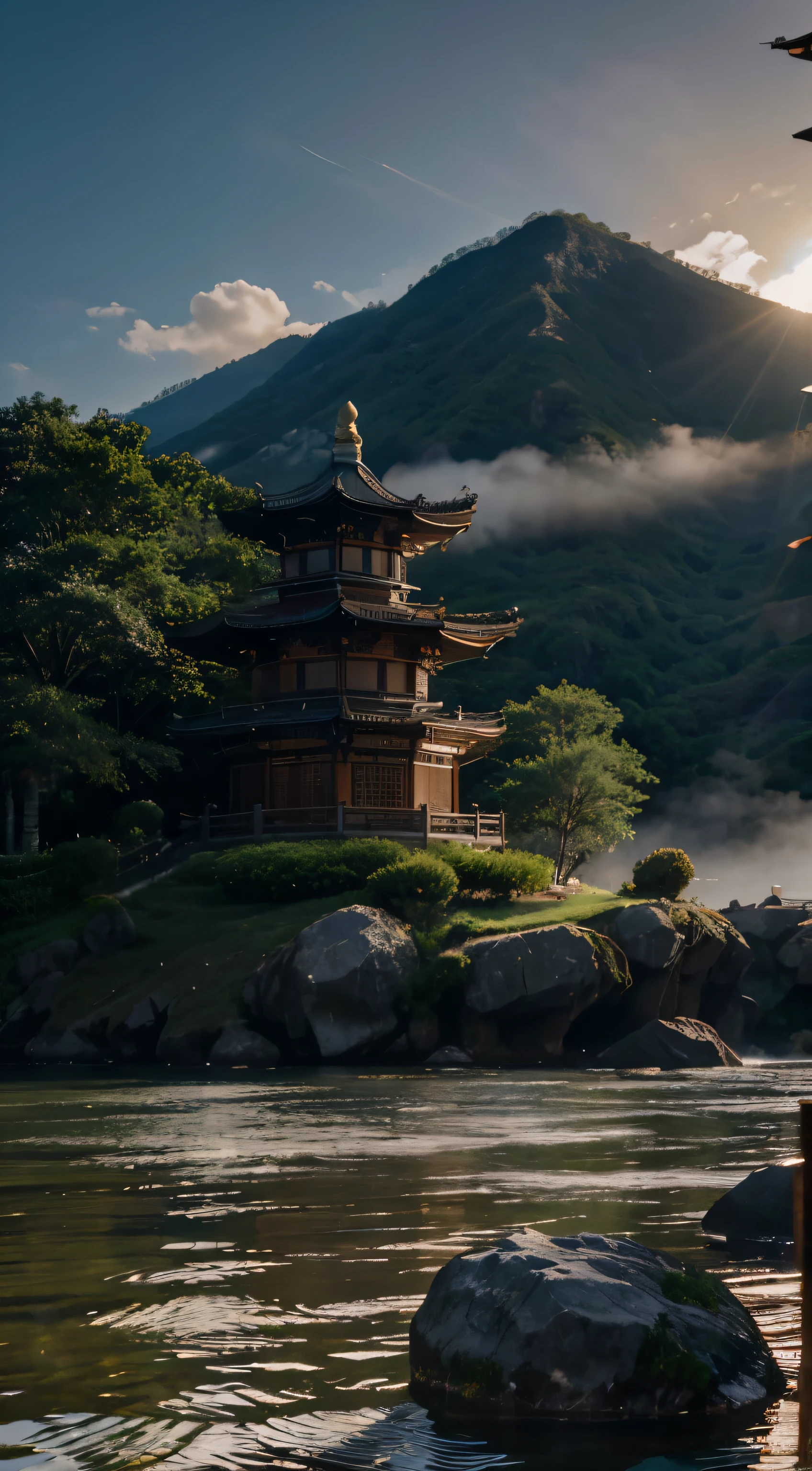 Real Rendering,The store is brightly lit,Outdoor during the day,Don't look at the night view,best qualtiy,ighly detailed,tmasterpiece,ultra - detailed,ighly detailedなCGユニティ8kワル,tmasterpiece,best qualtiy,Chinese martial arts style,睡lotusesがあります,There are lanterns,there is a boat in the water,Lake surface,lotuses,Beautiful fece,(( (Chinese martial arts style))), The sky is vast, Even on the mountain cliffs, ink wash style, Contour light, atmospheric atmosphere, depth of fields, The fog rises, bamboo, Pines, Octagonal stone pavilion, Flying waterfall,