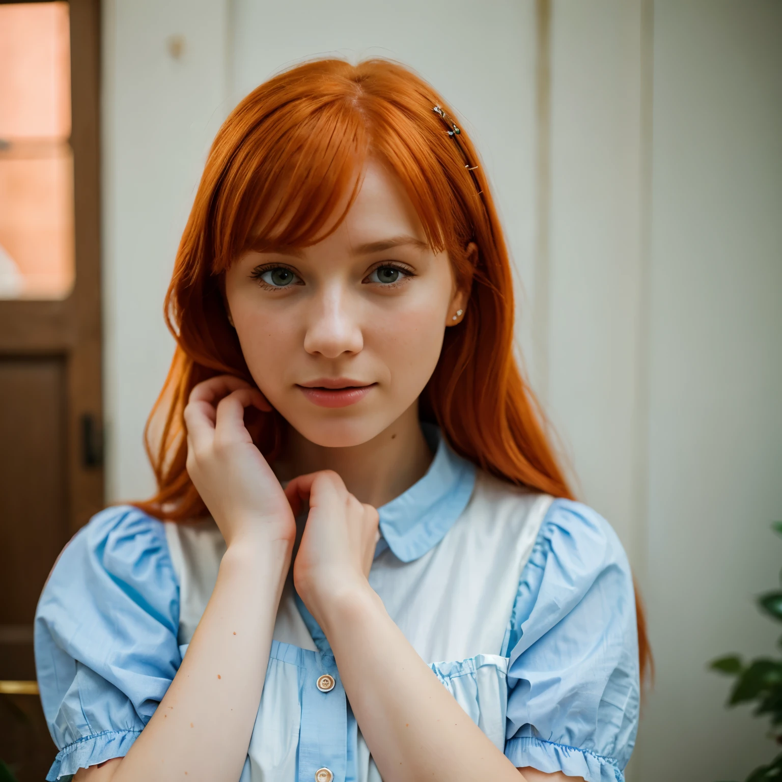 an orange haired girl in an old fashioned outfit, hanging on her arms, in the style of realistic hyper-detailed portraits, d&d, i can't believe how beautiful this is, charming character illustrations, white and azure, villagecore, taken with Canon EOS 5D Mark IV, Canon EF 85mm f/1. 2L II USM, ISO 100, f/1. 2, shutter speed 1/100