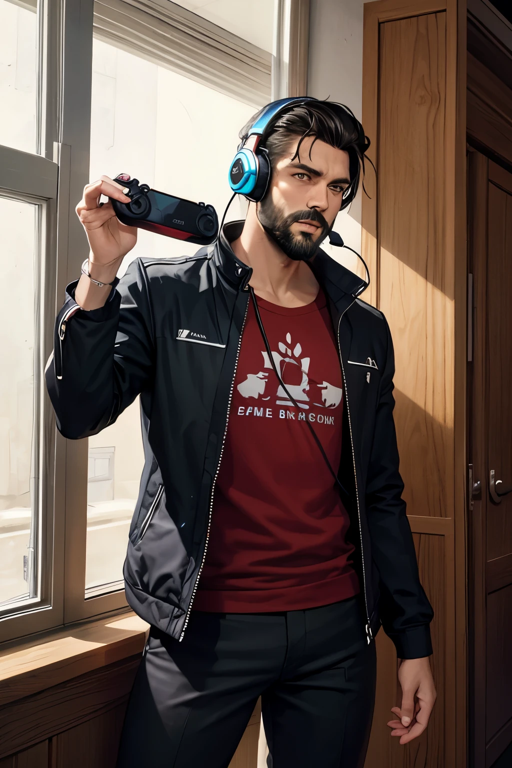 cartoon style, god like british man with a black beard wearing a gaming headset