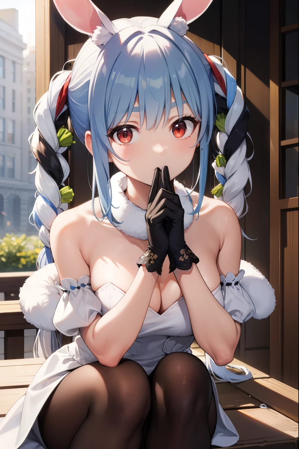 pekorausada, pekora usada, animal ears, blue hair, braid, carrot hair ornament, food-themed hair ornament, hair ornament, multicolored hair, (red eyes:1.5), rabbit ears, twin braids, twintails, two-tone hair,
BREAK strapless, strapless dress, (white dress:1.5), black gloves, black pantyhose, bow, bridal garter, detached sleeves, dress, fur scarf, fur trim, fur-trimmed dress, fur-trimmed gloves, gloves, pantyhose, puffy detached sleeves, puffy sleeves, red bow,
BREAK looking at viewer,
BREAK outdoors, 
BREAK (masterpiece:1.2), best quality, high resolution, unity 8k wallpaper, (illustration:0.8), (beautiful detailed eyes:1.6), extremely detailed face, perfect lighting, extremely detailed CG, (perfect hands, perfect anatomy),