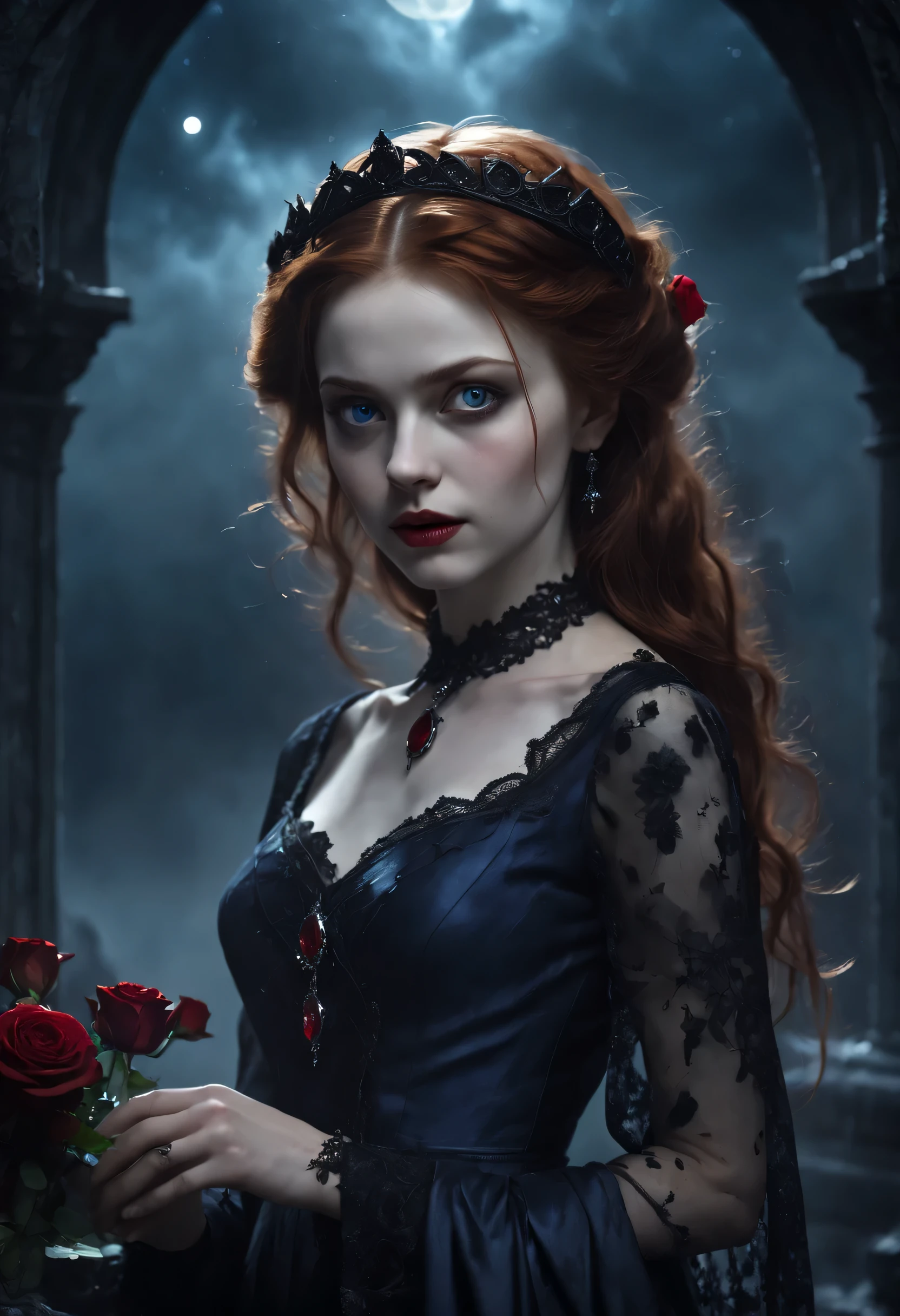 very young Vampire Princess,16 years old, full body, breathtakingly beautiful, deep blue eyes, redhair,(best quality,4k,8k,highres,masterpiece:1.2),ultra-detailed,(realistic,photorealistic,photo-realistic:1.37, raw quality),softly glowing pale skin,pure blooded,porcelain-like complexion,elegant and refined features,graceful posture,dark and mysterious atmosphere,gothic fashion,flowing black lace dress,touch of red in her clothes,dainty silver jewelry with ruby accents,subtle yet captivating smile,slightly pointed canines, gardens filled with blooming blood roses,vivid red petals contrasted with the darkness,enchanting moonlit night,dark and hauntingly beautiful castle in the background,splashes of moonlight illuminating her ethereal beauty,dark shadows and dramatic lighting,icy stare that freezes the hearts of those who dare to meet her gaze,air of authority and power,symbol of both danger and allure,night sky filled with swirling mist and sparkling stars,subtle color palette with shades of deep blue,purple,and black,subdued lighting with soft moonlight casting an ethereal glow,vibrant yet elegant style,with a touch of darkness and mystery, portraits, fantasy, horror, cementary, knife in hands with blood drop