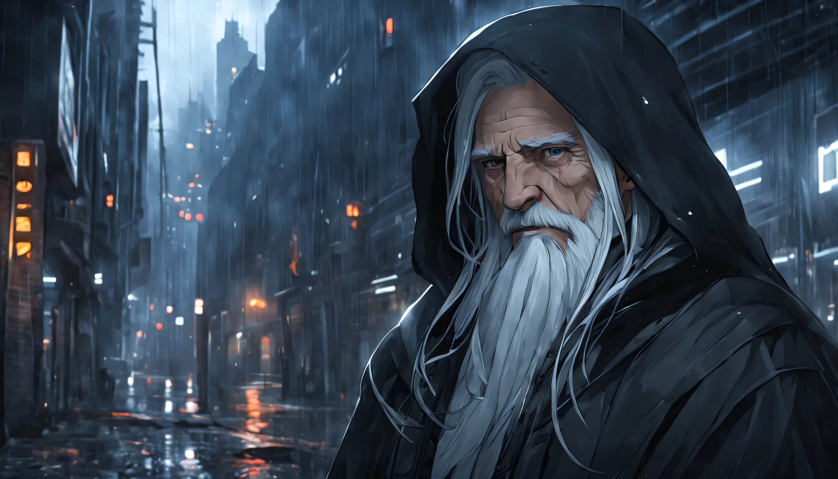 portrait of realistic a master named (Albert) who is old, wears a black cloak, white beard, long white hair, short, many scars, is in a very dark abandoned futuristic city, rainy night