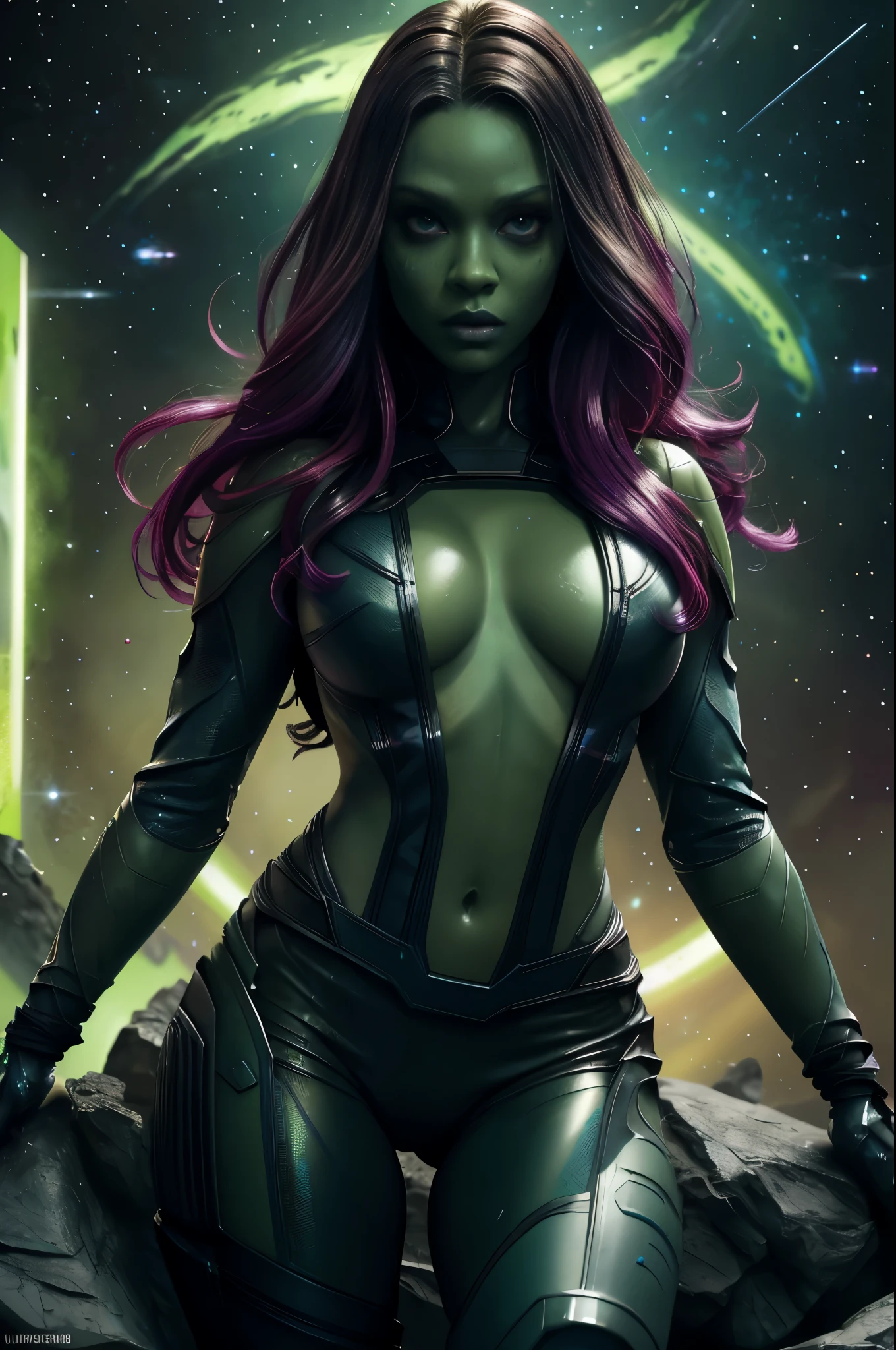 best quality,highres,ultra-detailed,(realistic:1.37),Marvel version,Gamora's portrait,beautiful detailed eyes,beautiful detailed lips,longeyelashes,dark green skin,detailed facial features,mixed race woman,body covered in black leather,sharp focus,portrait,studio lighting,vivid colors,space background,expressive eyes,confident expression,serious and determined gaze,sci-fi,fantasy, sexy, cleavage