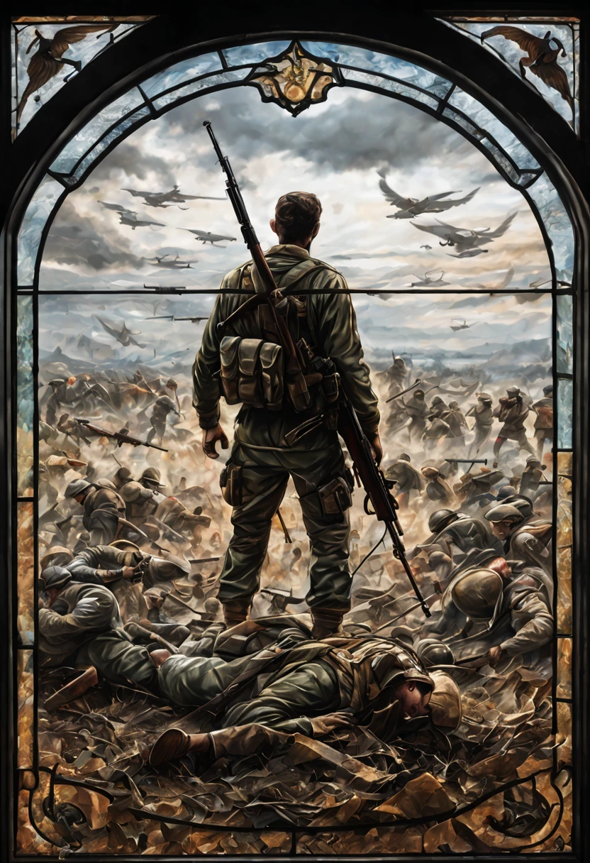 stained glas window art with the depiction of a lone man standing on a battle field surrounded by fallen men, call of duty style, ultra realistic, 4K