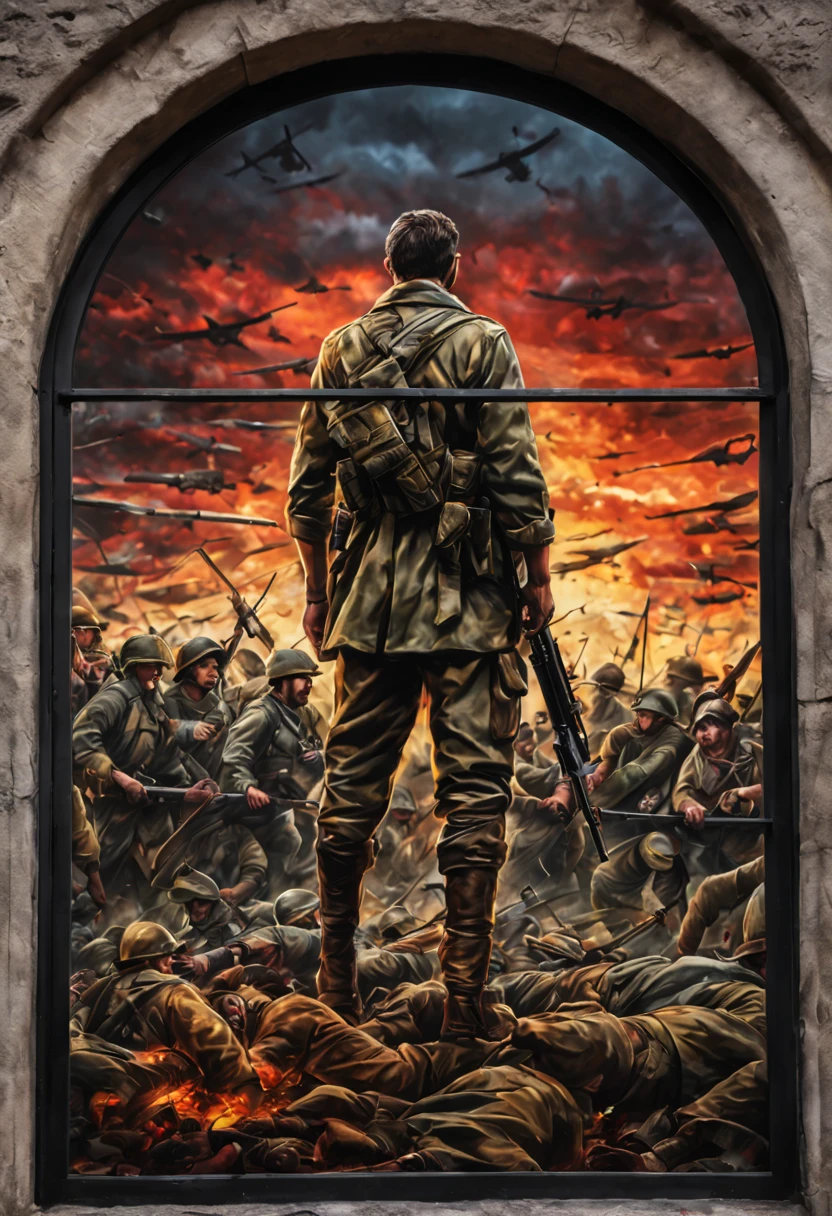 stained glas window art with the depiction of a lone man standing on a battle field surrounded by fallen men, call of duty style, ultra realistic, 4K