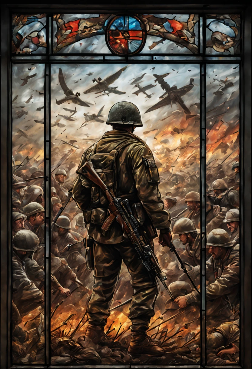 stained glas window art with the depiction of a lone man standing on a battle field surrounded by fallen men, call of duty style, ultra realistic, 4K