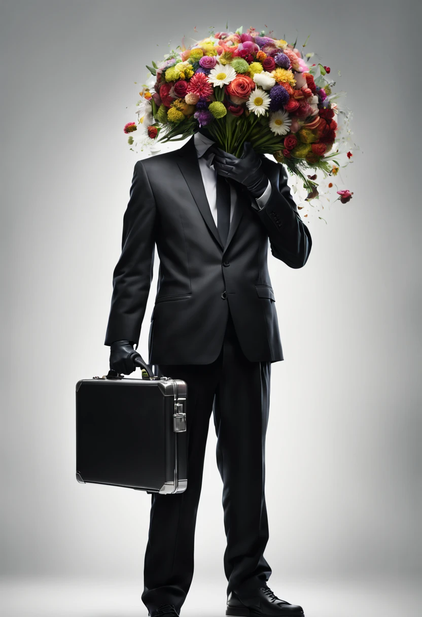 digital art, photograph, a man in black costume with his head made of a bouquet, holding a briefcase, 32k UHD resolution, high quality, professional photography, full body picture, white background