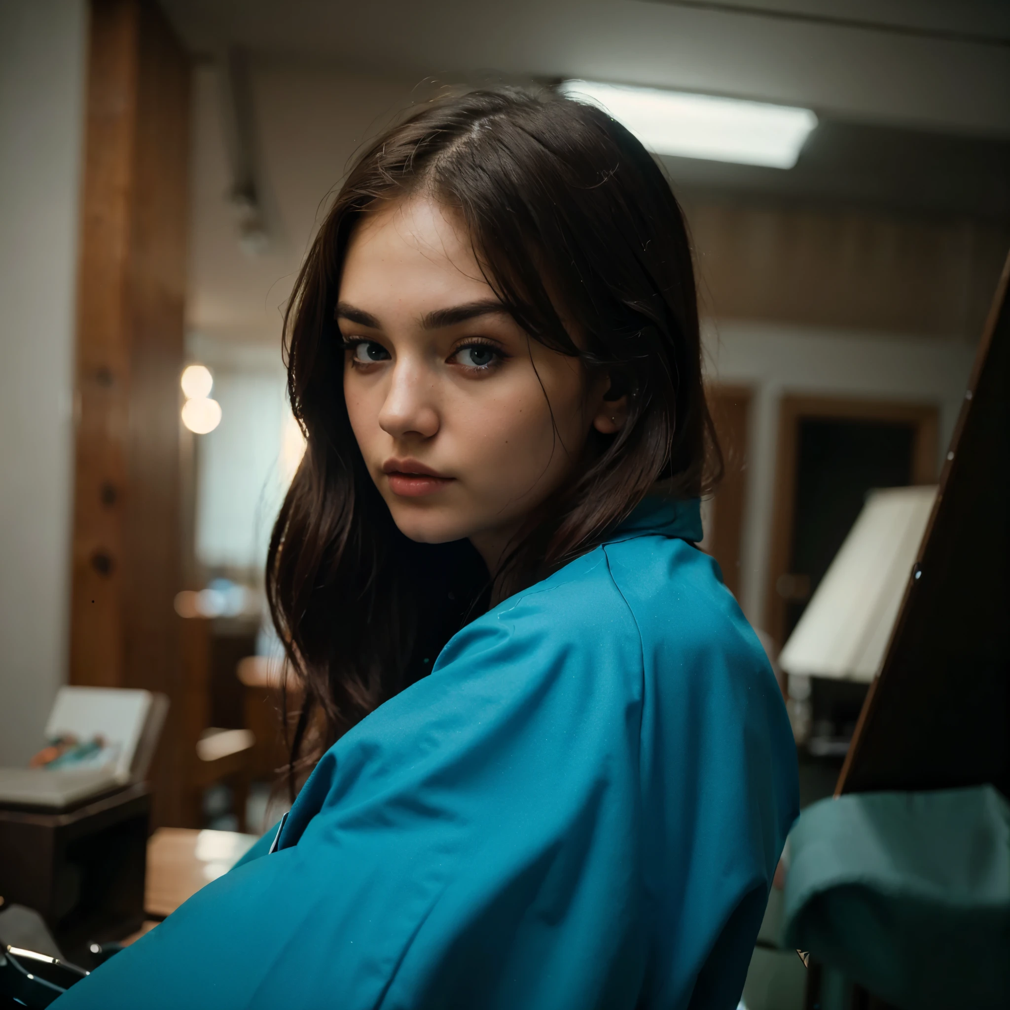 ((Best quality, 8k, Masterpiece :1.3)), arafed woman, back position, sasha grey, portrait sophie mudd, 18 years old, madison beer girl portrait, violet myers, she looks like a mix of grimes, maggie lindemann, very pretty model, arian mark, 8k resolution, very detailed image, blue eyes, night photo, lens fllare, cinematic