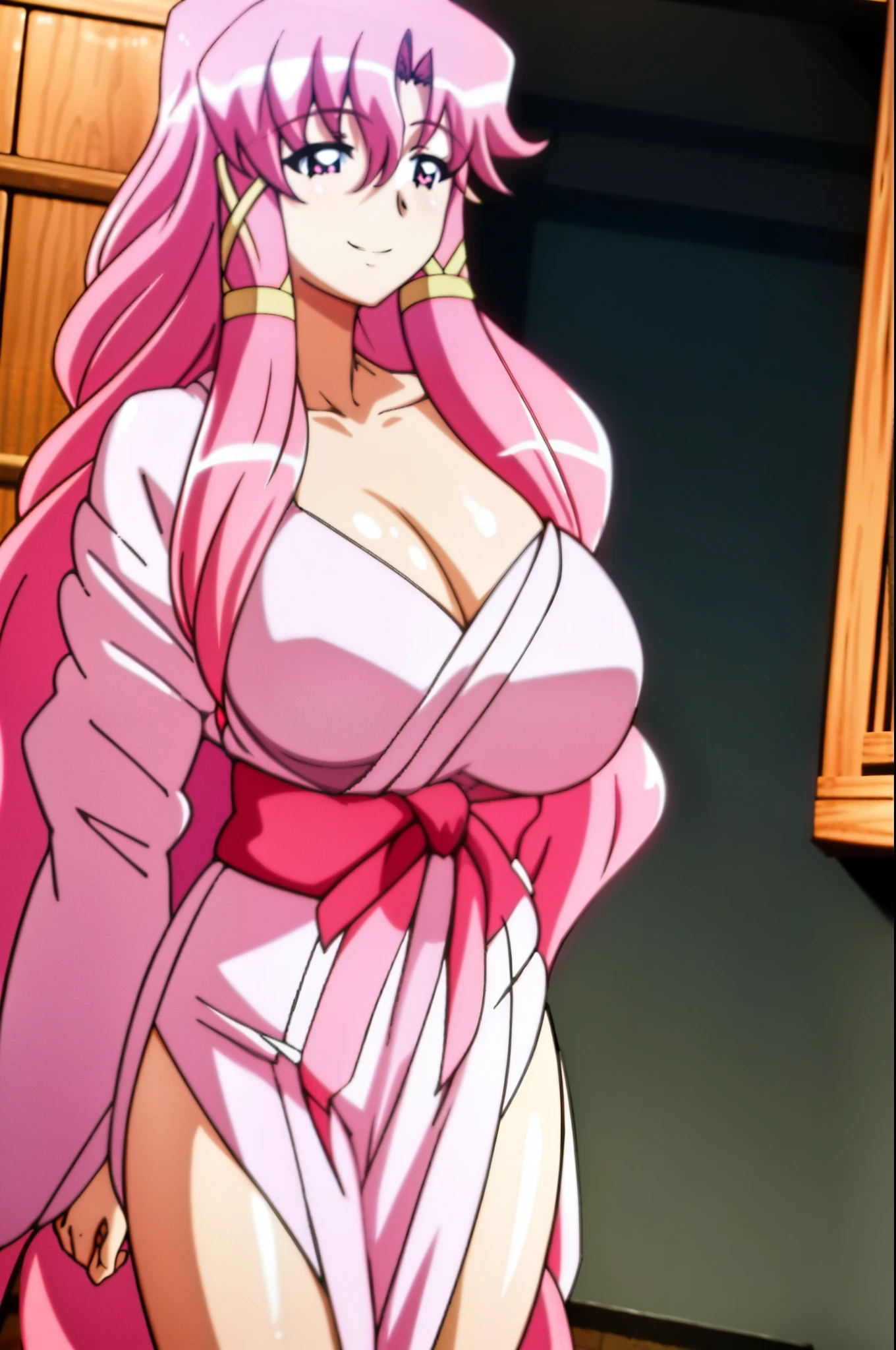 1 girl, pink haire, long haire, pink eyes, smile, sexy body, big breast, HDR, 8K, in town, sexy yukata