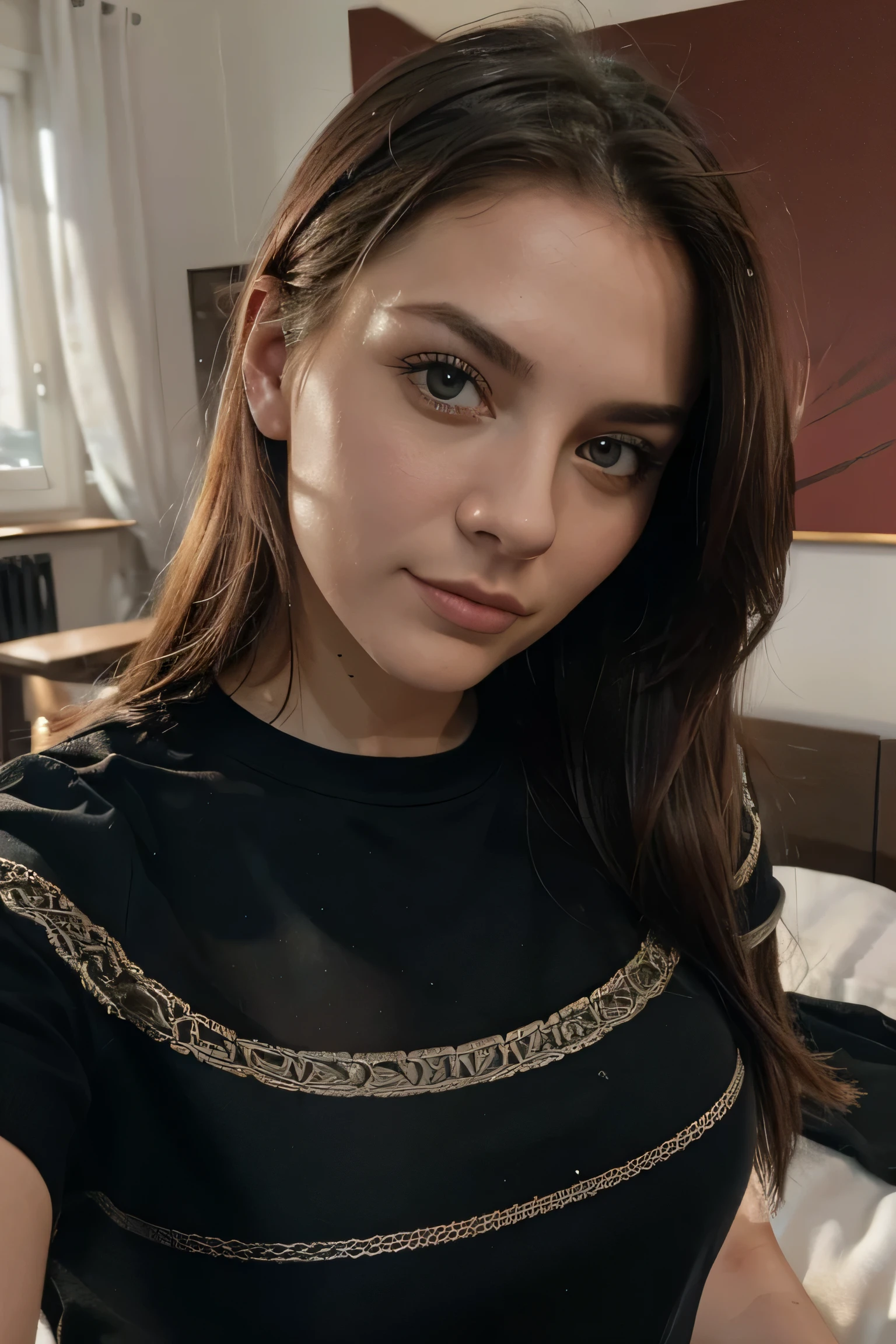 (8 Tausend, Rohfoto, highest quality), beautiful girl, selfie, clothed, (Detaillierte Augen:0.8), Trotz512, (schaut in die Kamera:1.4), (highest quality), (bester Schatten), Komplizierte Details, Innere, rote Haare:1.3, on bed, Sommersprossen