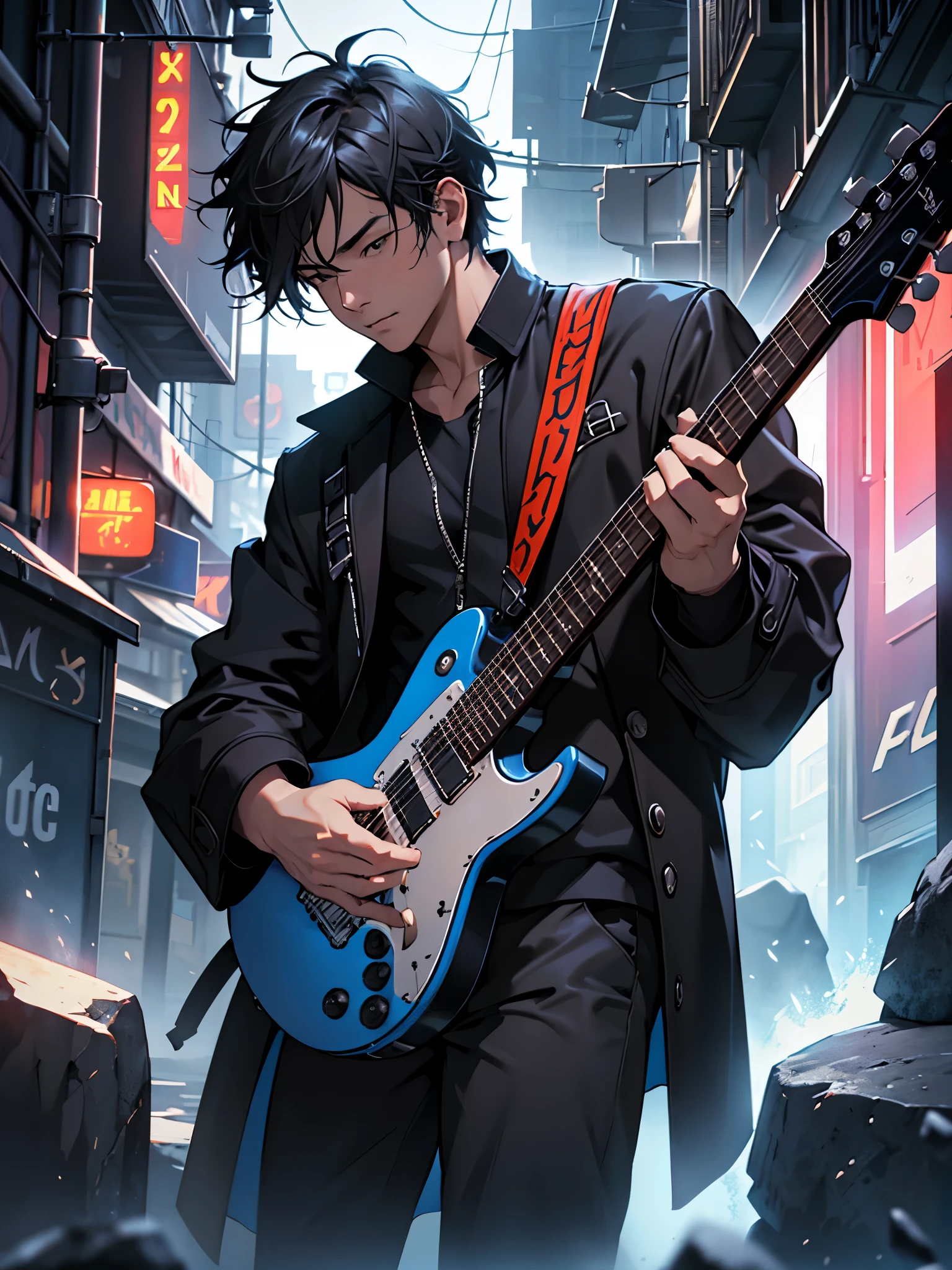 ultra detail, high resolution, ultra detailed, best quality, amazing, top quality, extremely detailed CG unity 8k wallpaper, cinematic lighting, 1man playing an electric guitar, black coat, rock style, short hair, 