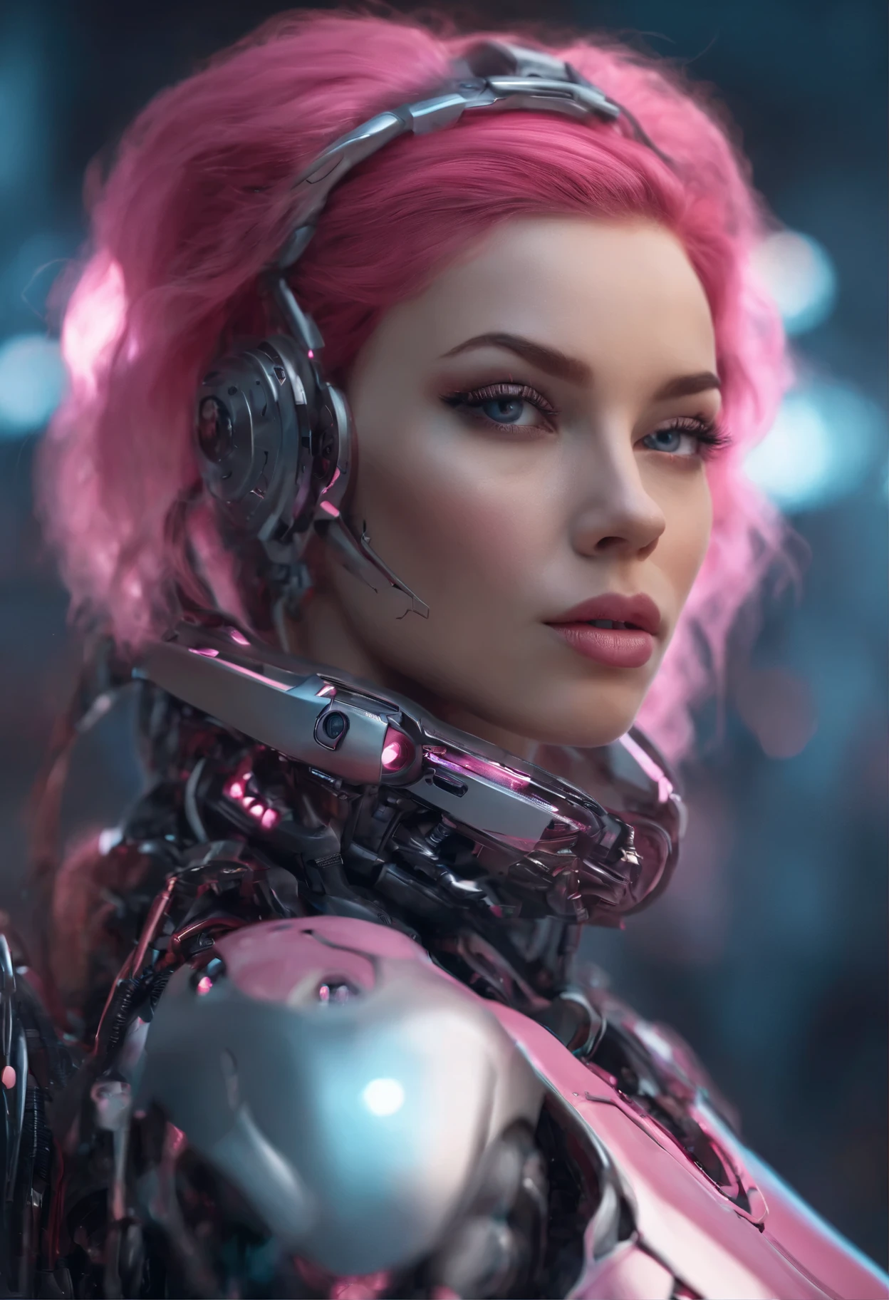 Cyborg, young woman, robot legs, beautiful face, pink hair, full body portrait, wallpaper art, UHD wallpaper