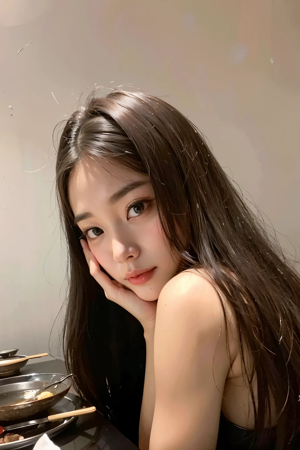 there is a woman sitting at a table with a plate of food, coreana, dilraba dilmurat, 18 anos de idade, Asian girl with long hair, jaeyeon nam, Lalisa Manobal, linda mulher sul-coreana, heonhwa choe, beautiful asian girl, linda jovem coreana, Xisionwu, linda jovem coreana