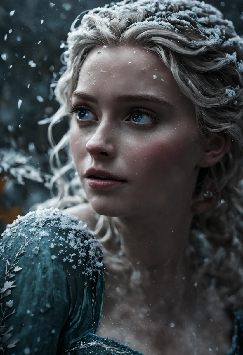 Very Close-up of disney elsa, wet pale skin , first snow, flakes, partial snow cover, cinematic film still, breathtaking, Falling frozen leaves, melancholic mood, papery texture, nature's whispered farewell in rustling gusts, photo-realism, film grain, film still, bokeh, intricately detailed, , perfect composition, beautiful detailed intricate insanely detailed octane render trending on artstation, 8 k artistic photography, photorealistic concept art, soft natural volumetric cinematic perfect light, chiaroscuro, award - winning photograph, masterpiece, oil on canvas, raphael, caravaggio, greg rutkowski, beeple, beksinski, giger