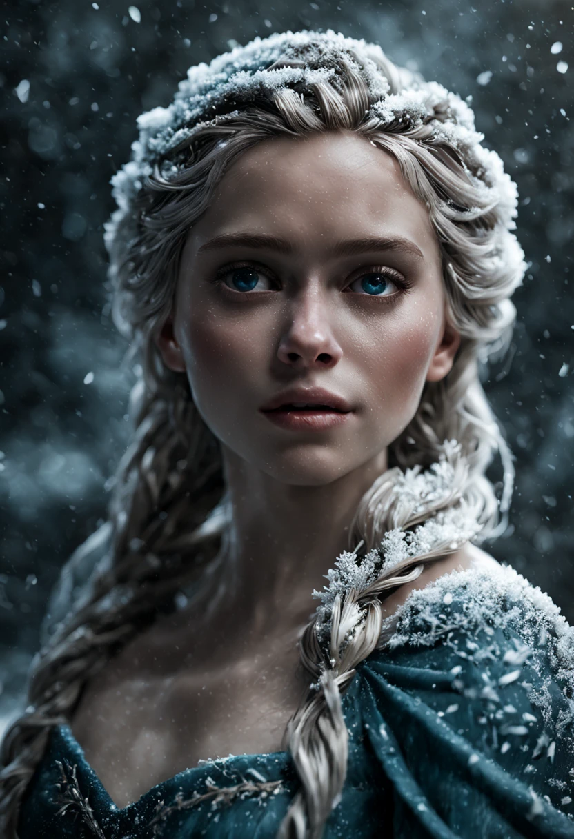 Very Close-up of disney elsa, wet pale skin , first snow, flakes, partial snow cover, cinematic film still, breathtaking, Falling frozen leaves, melancholic mood, papery texture,  nature's whispered farewell in rustling gusts, photo-realism, film grain, film still, bokeh, intricately detailed, , perfect composition, beautiful detailed intricate insanely detailed octane render trending on artstation, 8 k artistic photography, photorealistic concept art, soft natural volumetric cinematic perfect light, chiaroscuro, award - winning photograph, masterpiece, oil on canvas, raphael, caravaggio, greg rutkowski, beeple, beksinski, giger