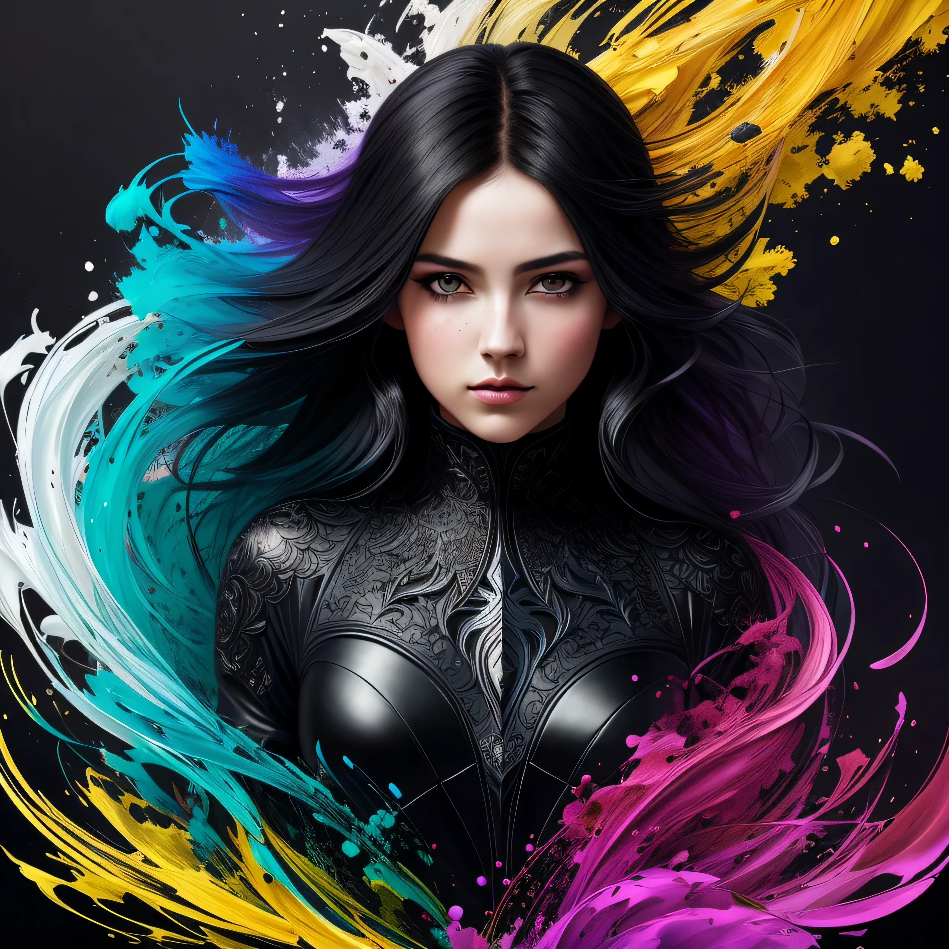 Colorful beautiful girl: a giru 28-years old, messy hair, oil painting, nice perfect face with soft skinice perfect face, blue yellow colors, light purple and violet additions, light red additions, intricate detail, splash screen, 8k resolution, masterpiece, cute face,artstation digital painting smooth veryBlack ink flow: 8k resolution photorealistic masterpiece: intricately detailed fluid gouache painting: by Jean Baptiste Mongue: calligraphy: acrylic: watercolor art, professional photography, natural lighting, volumetric lighting maximalist photoillustration: by marton bobzert:, complex, elegant, expansive, fantastical, wavy hair, vibrant, Best quality details, realistic, High definition, High quality texture, epic lighting, Cinematic film still, 8k, soft lighting, anime style, masterful playing card border, random Colorful art, oil painting, blue yellow colors, light purple and violet additions, light red additions, intricate detail, splash screen, 8k resolution, masterpiece, artstation digital painting smooth veryBlack ink flow: 8k resolution photorealistic masterpiece: intricately detailed fluid gouache painting: by Jean Baptiste Mongue: calligraphy: acrylic: watercolor art, professional photography, natural lighting, volumetric lighting maximalist photoillustration: by marton bobzert:, complex, elegant, expansive, fantastical, vibrant, ((dark plain black background:1.4))
