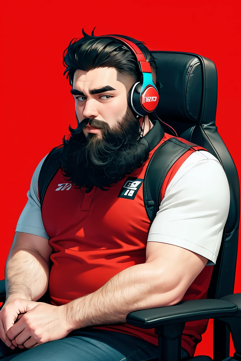 cartoon style, god like skiny fat British man with a big black beard wearing astro a40 headset sat in a gaming chair with a red theme no text



