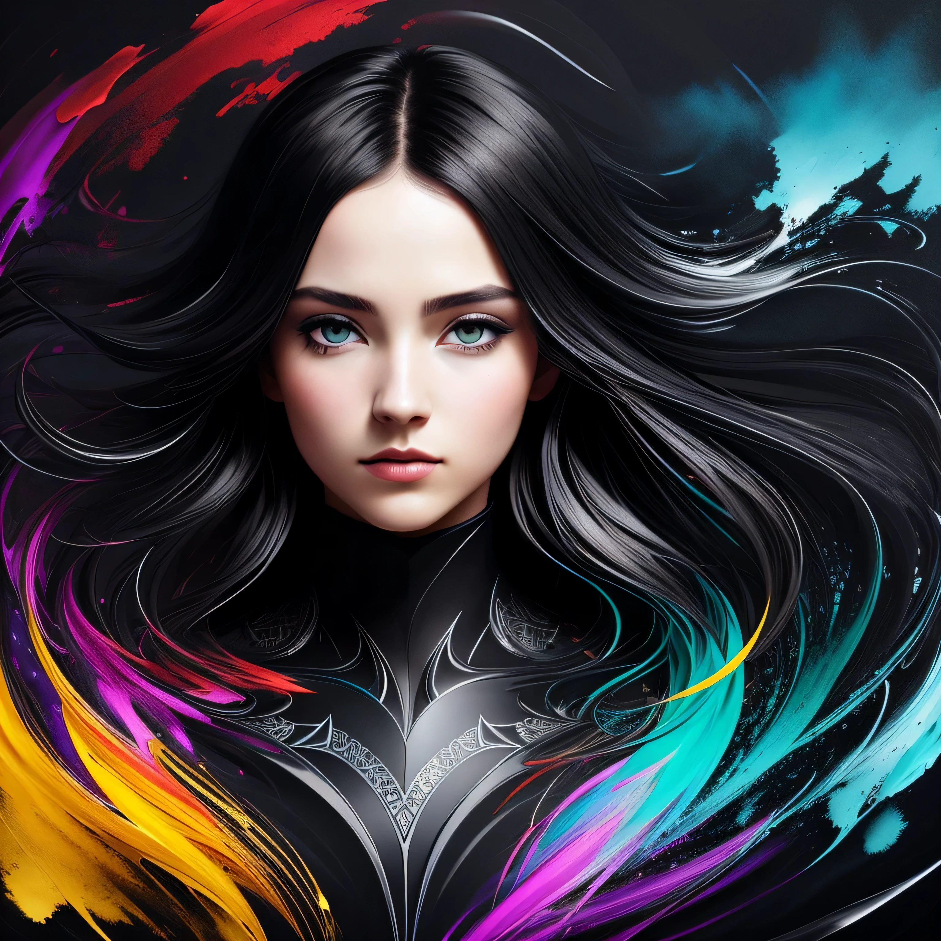 Colorful beautiful girl: a giru 28-years old, messy hair, oil painting, nice perfect face with soft skinice perfect face, blue yellow colors, light purple and violet additions, light red additions, intricate detail, splash screen, 8k resolution, masterpiece, cute face,artstation digital painting smooth veryBlack ink flow: 8k resolution photorealistic masterpiece: intricately detailed fluid gouache painting: by Jean Baptiste Mongue: calligraphy: acrylic: watercolor art, professional photography, natural lighting, volumetric lighting maximalist photoillustration: by marton bobzert:, complex, elegant, expansive, fantastical, wavy hair, vibrant, Best quality details, realistic, High definition, High quality texture, epic lighting, Cinematic film still, 8k, soft lighting, anime style, masterful playing card border, random Colorful art, oil painting, blue yellow colors, light purple and violet additions, light red additions, intricate detail, splash screen, 8k resolution, masterpiece, artstation digital painting smooth veryBlack ink flow: 8k resolution photorealistic masterpiece: intricately detailed fluid gouache painting: by Jean Baptiste Mongue: calligraphy: acrylic: watercolor art, professional photography, natural lighting, volumetric lighting maximalist photoillustration: by marton bobzert:, complex, elegant, expansive, fantastical, vibrant, ((dark plain black background:1.4))