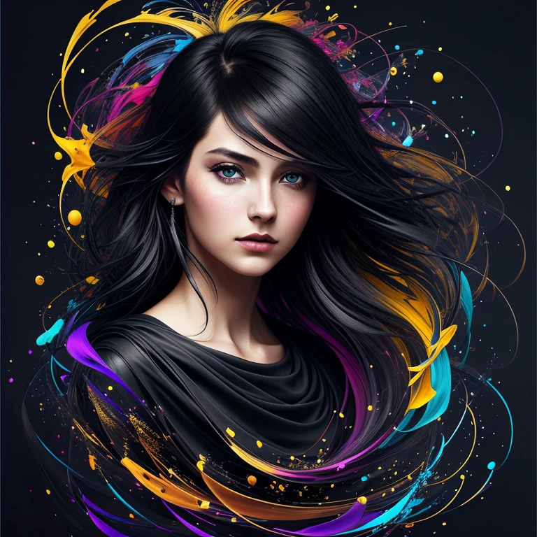 Colorful beautiful girl: a giru 28-years old, messy hair, oil painting, nice perfect face with soft skinice perfect face, blue yellow colors, light purple and violet additions, light red additions, intricate detail, splash screen, 8k resolution, masterpiece, cute face,artstation digital painting smooth veryBlack ink flow: 8k resolution photorealistic masterpiece: intricately detailed fluid gouache painting: by Jean Baptiste Mongue: calligraphy: acrylic: watercolor art, professional photography, natural lighting, volumetric lighting maximalist photoillustration: by marton bobzert:, complex, elegant, expansive, fantastical, wavy hair, vibrant, Best quality details, realistic, High definition, High quality texture, epic lighting, Cinematic film still, 8k, soft lighting, anime style, masterful playing card border, random Colorful art, oil painting, blue yellow colors, light purple and violet additions, light red additions, intricate detail, splash screen, 8k resolution, masterpiece, artstation digital painting smooth veryBlack ink flow: 8k resolution photorealistic masterpiece: intricately detailed fluid gouache painting: by Jean Baptiste Mongue: calligraphy: acrylic: watercolor art, professional photography, natural lighting, volumetric lighting maximalist photoillustration: by marton bobzert:, complex, elegant, expansive, fantastical, vibrant, ((dark plain black background:1.4))