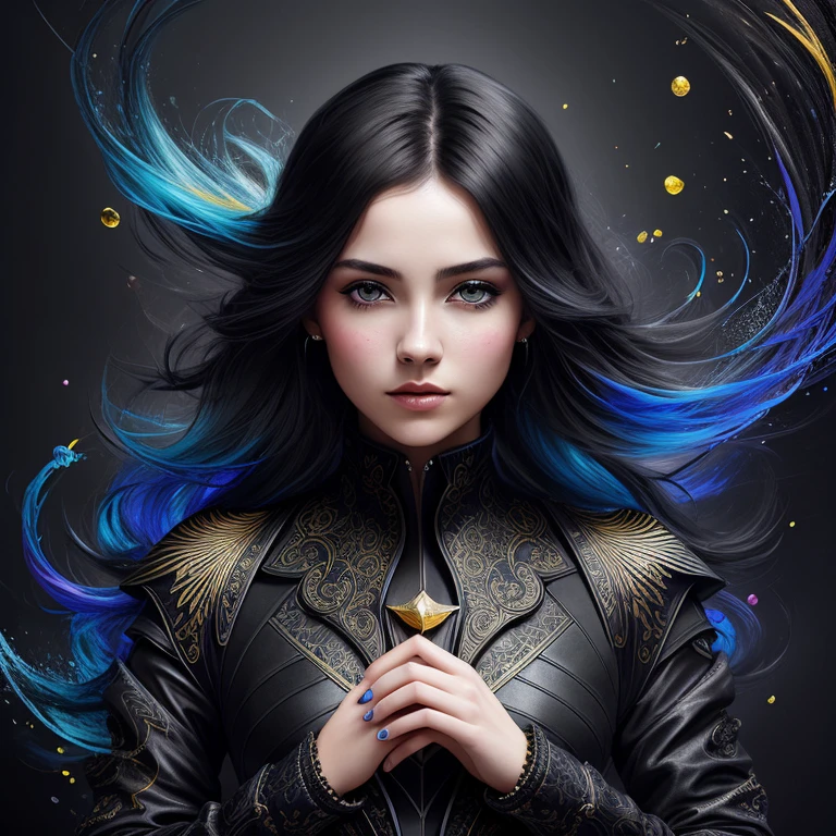 Colorful beautiful girl: a giru 28-years old, messy hair, oil painting, nice perfect face with soft skinice perfect face, blue yellow colors, light purple and violet additions, light red additions, intricate detail, splash screen, 8k resolution, masterpiece, cute face,artstation digital painting smooth veryBlack ink flow: 8k resolution photorealistic masterpiece: intricately detailed fluid gouache painting: by Jean Baptiste Mongue: calligraphy: acrylic: watercolor art, professional photography, natural lighting, volumetric lighting maximalist photoillustration: by marton bobzert:, complex, elegant, expansive, fantastical, wavy hair, vibrant, Best quality details, realistic, High definition, High quality texture, epic lighting, Cinematic film still, 8k, soft lighting, anime style, masterful playing card border, random Colorful art, oil painting, blue yellow colors, light purple and violet additions, light red additions, intricate detail, splash screen, 8k resolution, masterpiece, artstation digital painting smooth veryBlack ink flow: 8k resolution photorealistic masterpiece: intricately detailed fluid gouache painting: by Jean Baptiste Mongue: calligraphy: acrylic: watercolor art, professional photography, natural lighting, volumetric lighting maximalist photoillustration: by marton bobzert:, complex, elegant, expansive, fantastical, vibrant, ((dark plain black background:1.4))