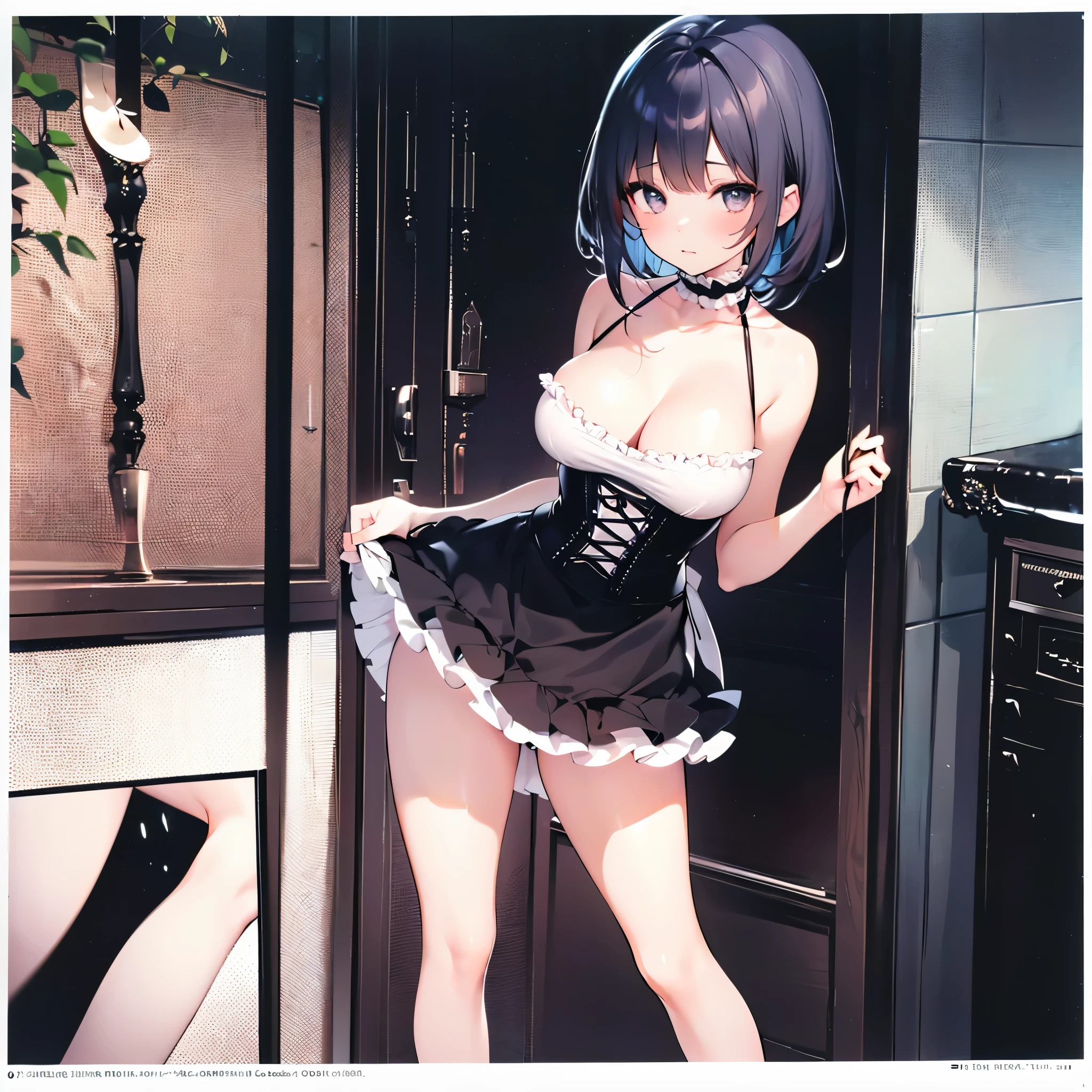 (1 girl standing with open legs wide:1.3), (wiry corset cinches waist too tight), (inconceivably thin waist:1.2), frilled (too short miniskirt:1.3), thin long legs apart, open long legs, (large perky breasts:1.2) lifted up, cleavage, collarbone