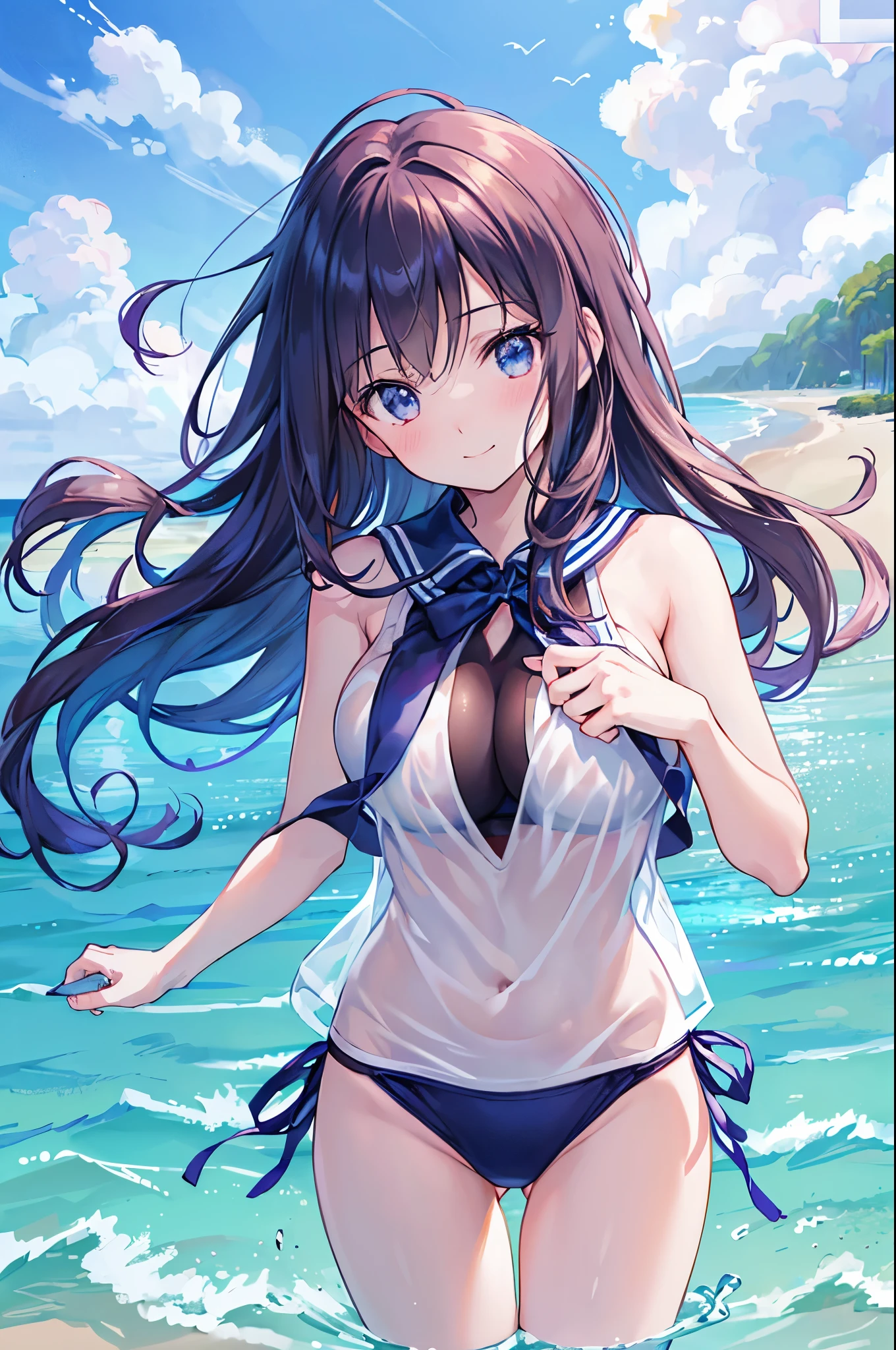 (Raw photo:1.2), (It's photorealistic:1.4),(muste piece:1.3),(best quality:1.4),ultra high resolution,ticker,8K, (extreme detailed illustration), 1 baby girl, detailed beautiful face, Young Girl, long curl hair,shy smile,solo, view viewer,clear background, At the beach, Depth of the bounds written, natural lighting,(See-through silhouette),Ulzan-6500-v1.1:0.7、super big breasts、school swimwear