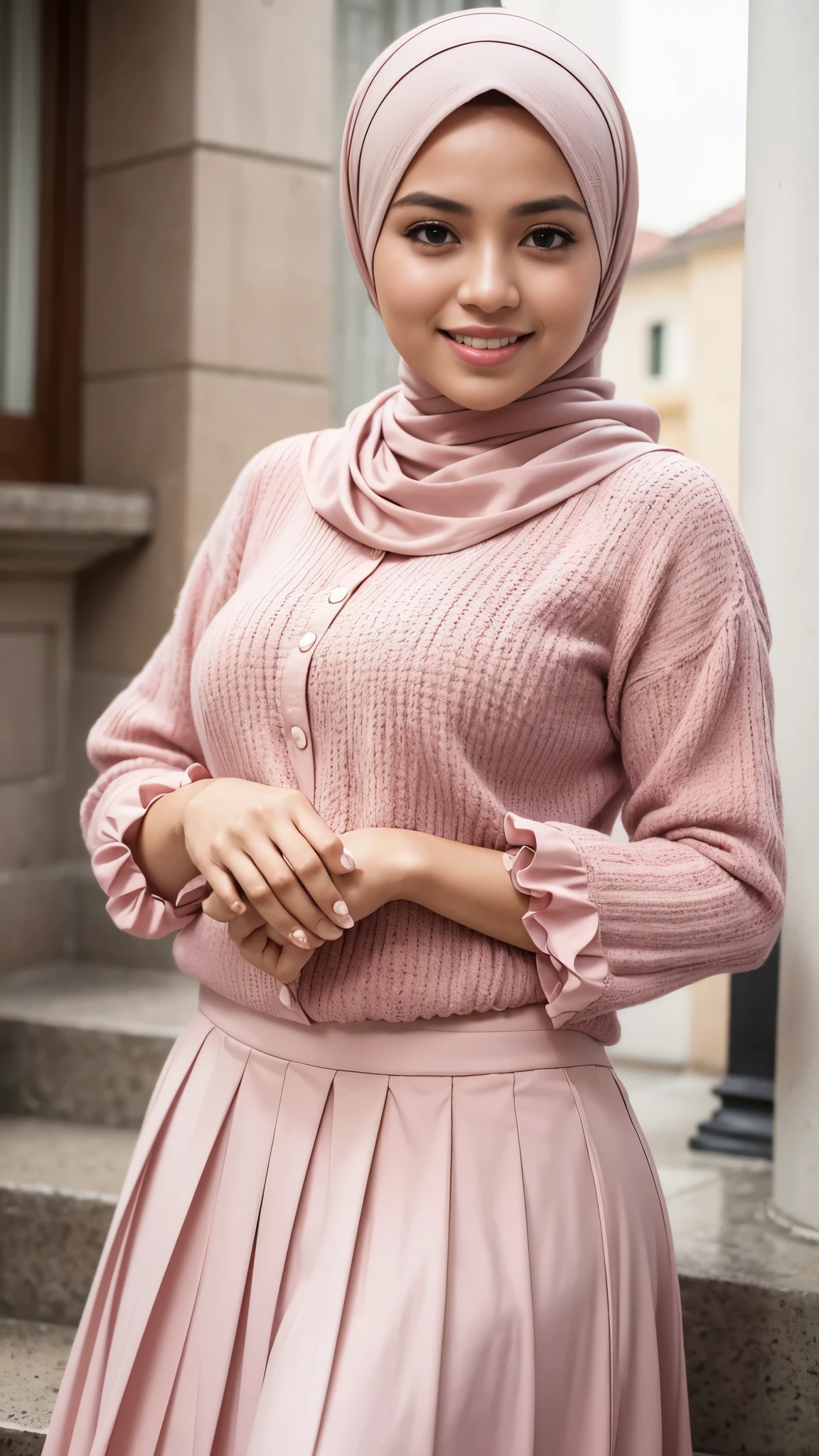( Close Up),RAW, Best quality, high resolution, work: 1.3, beautiful Malay woman in hijab, beautiful big eyes, smiling, beautiful face, shiny lips, soft smile, medium portrait, watery eyes, big breasts,thick thighs, woman standing on the steps of a building, very long pleated skirt, feminine in cute pastel shades, long skirt, red colored blouse, with soft pink colors, in pastel colors, pink skirt, !! muted colors!!, white and light-pink outfit, very beautiful style, frill, modestly dressed, modest!, puff sleeves