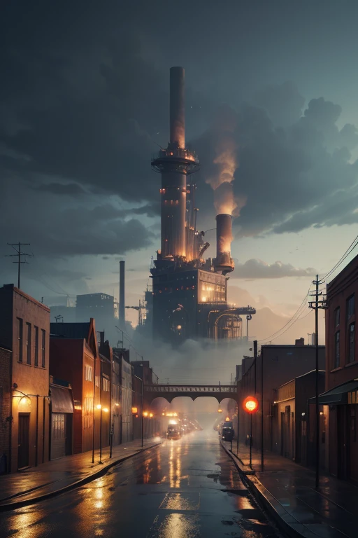 industrial city, surround by wall, steampunk. there is inn, residental area, ((airships)) in the sky, city gate, rusty and heavy, smoke, chimney, factories, gears, machinery, tall buildings, towers, steam power, steam pipes, streetlights, (bird-eye view), (night time, starry sky), (hard rain), (crossroad), (cinematic lighting:0.8, super detail, bloom)